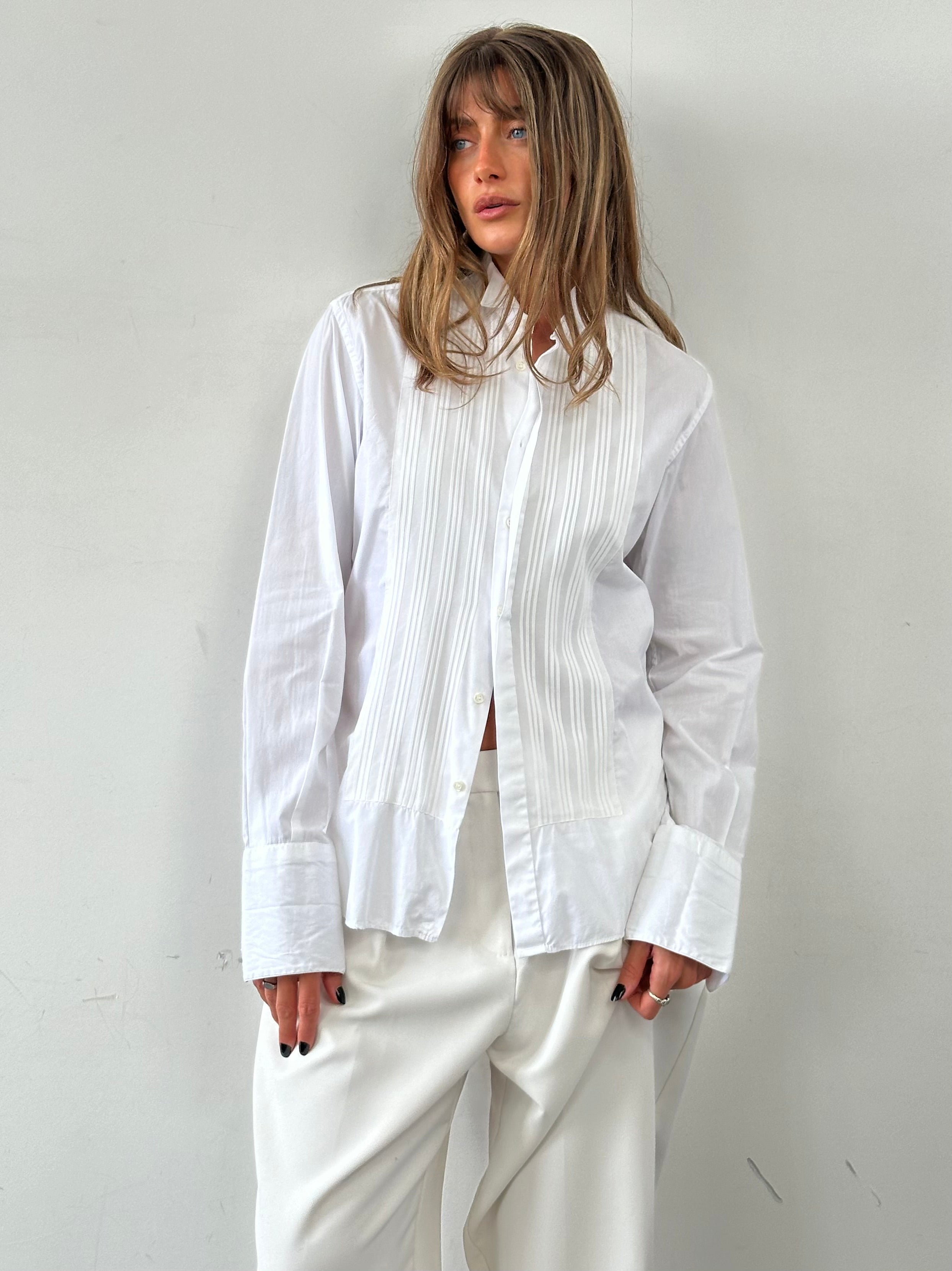 Balmain Pierre Balmain cotton tuxedo dress shirt in size M, featuring a classic collar and button-front design.