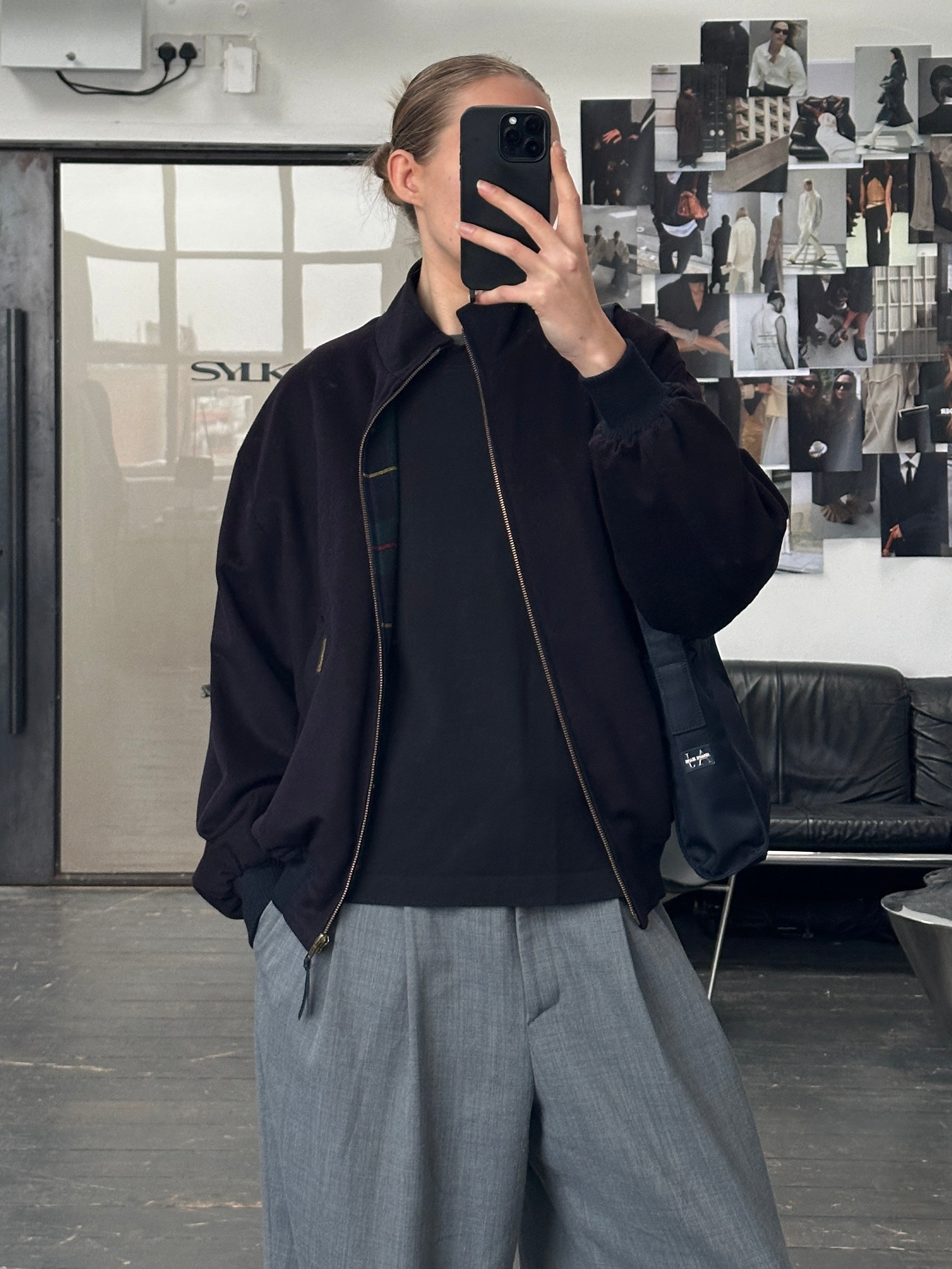 Faconnable 1980s pure wool high neck bomber jacket in size M, featuring a classic design and high-quality craftsmanship.