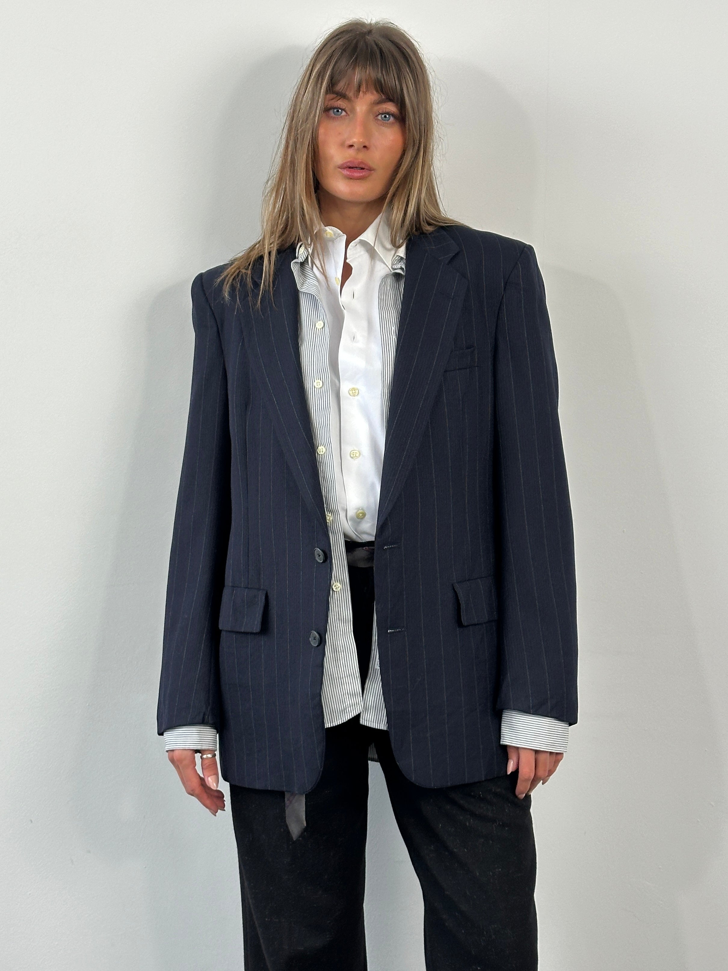 Christian Dior Le Connaisseur 1980s pure wool stripe blazer, size 41R/L, featuring classic tailored design and bold stripe pattern.