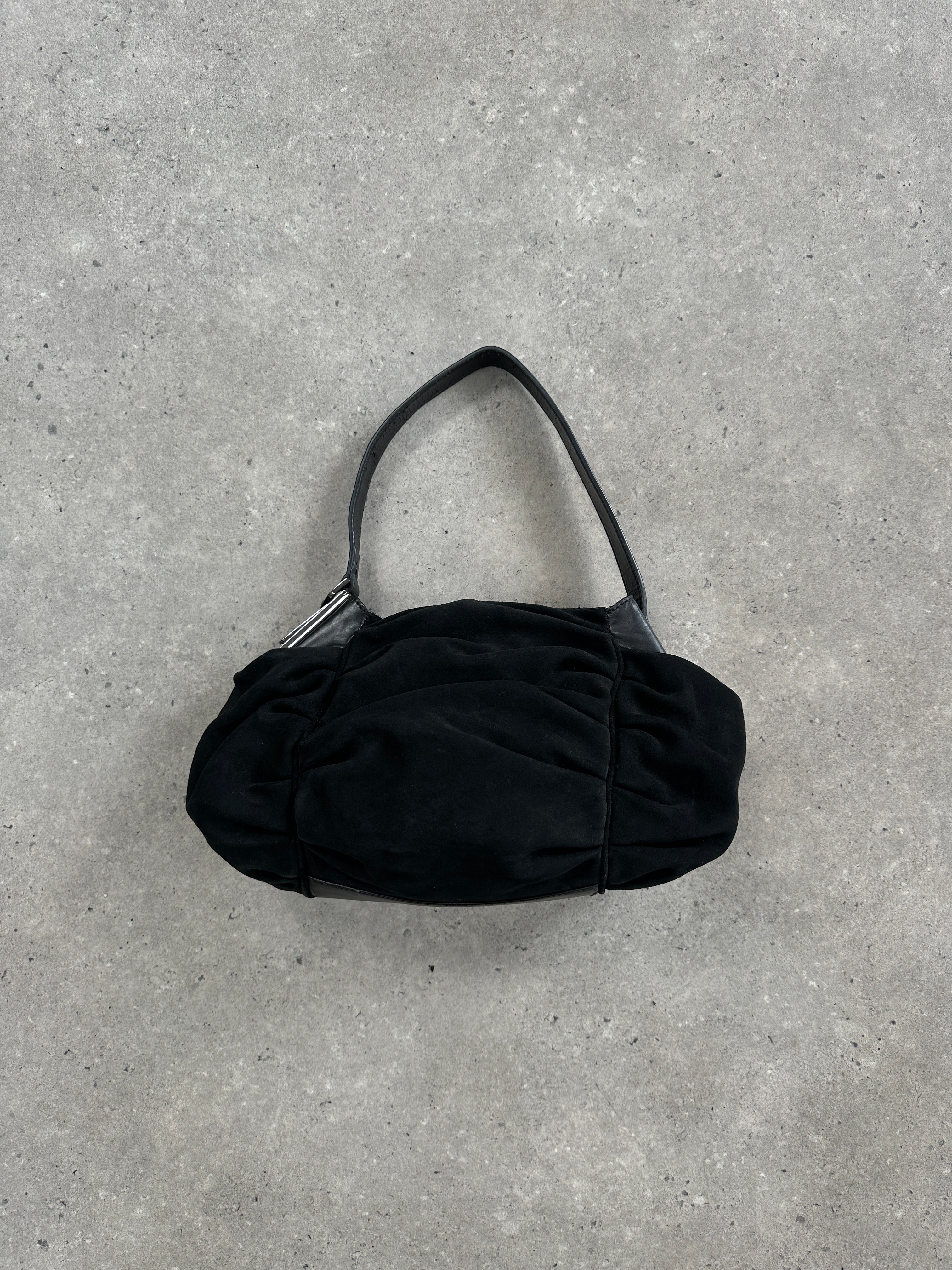 Armani Jeans suede ruched shoulder bag with a stylish design, featuring a soft texture and elegant detailing.