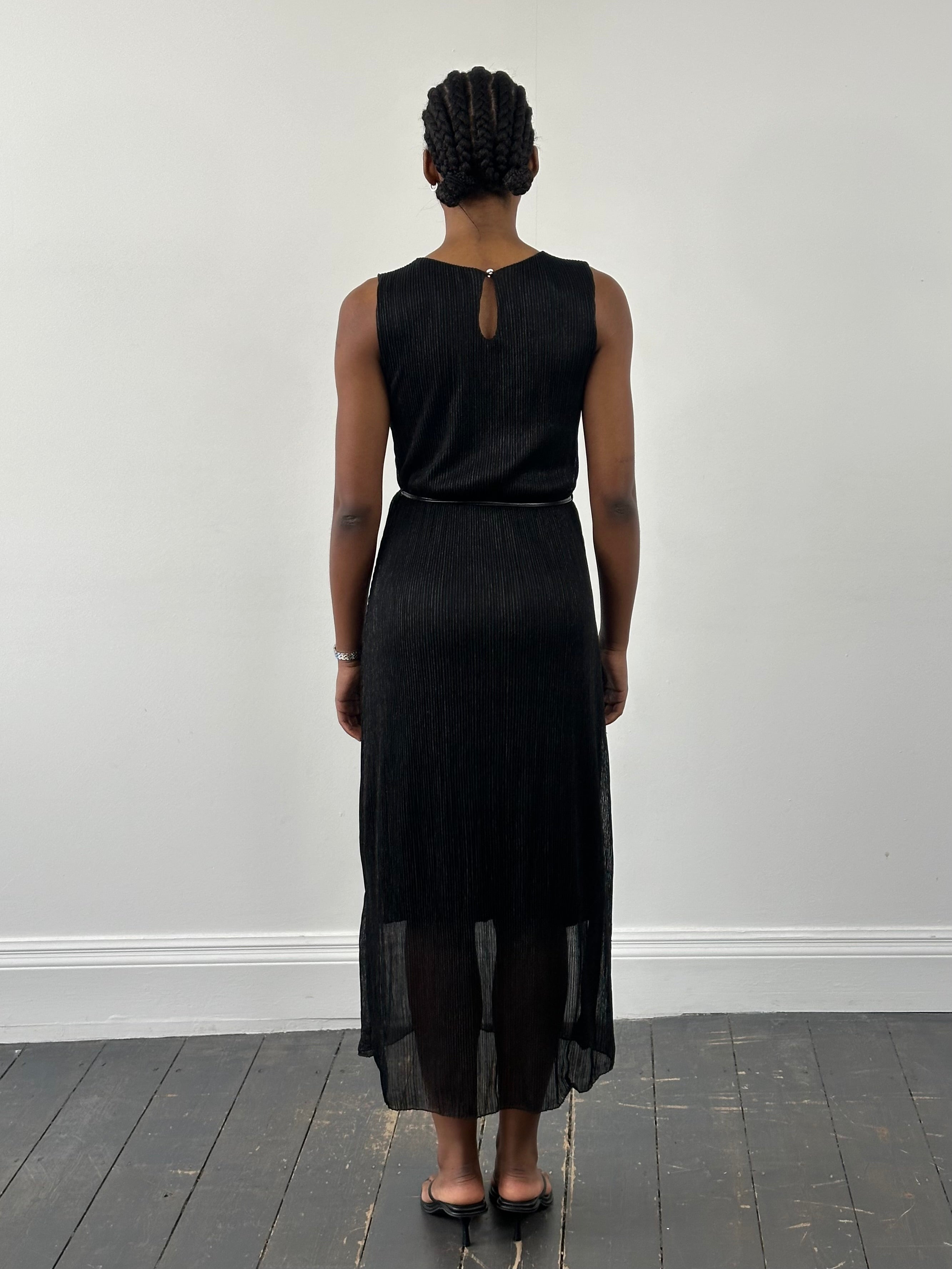 Italian vintage 1990s ribbed metallic rope tie dress in size S, featuring a shiny, textured fabric and classic dress silhouette.