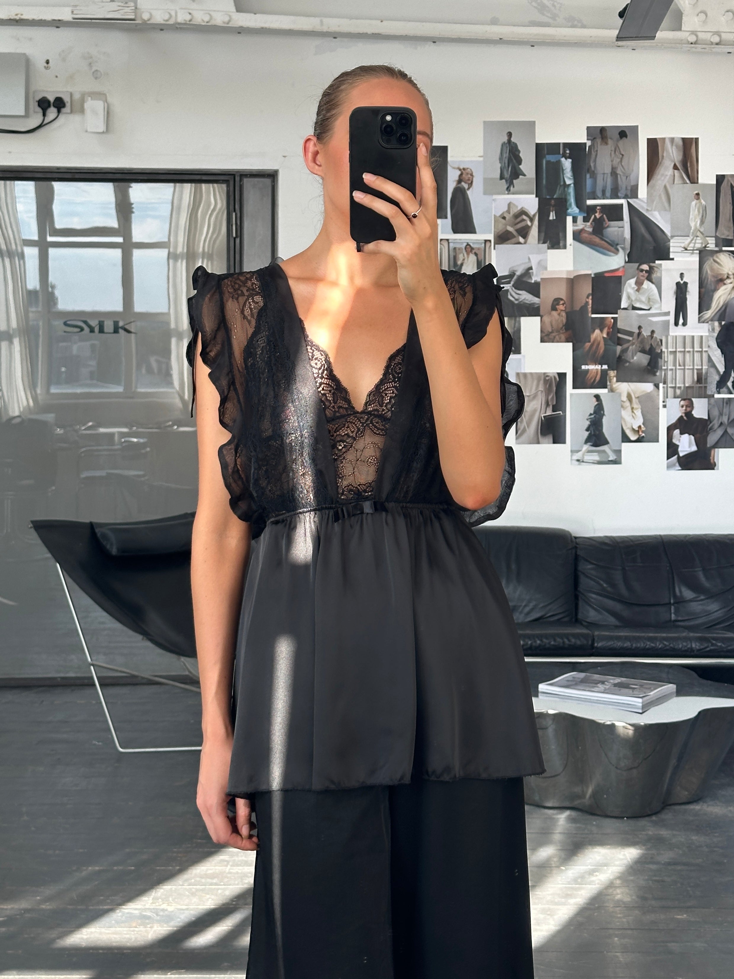 Vintage 2000s lace sheer satin babydoll top in size M, featuring delicate lace details and a flowing, lightweight design.
