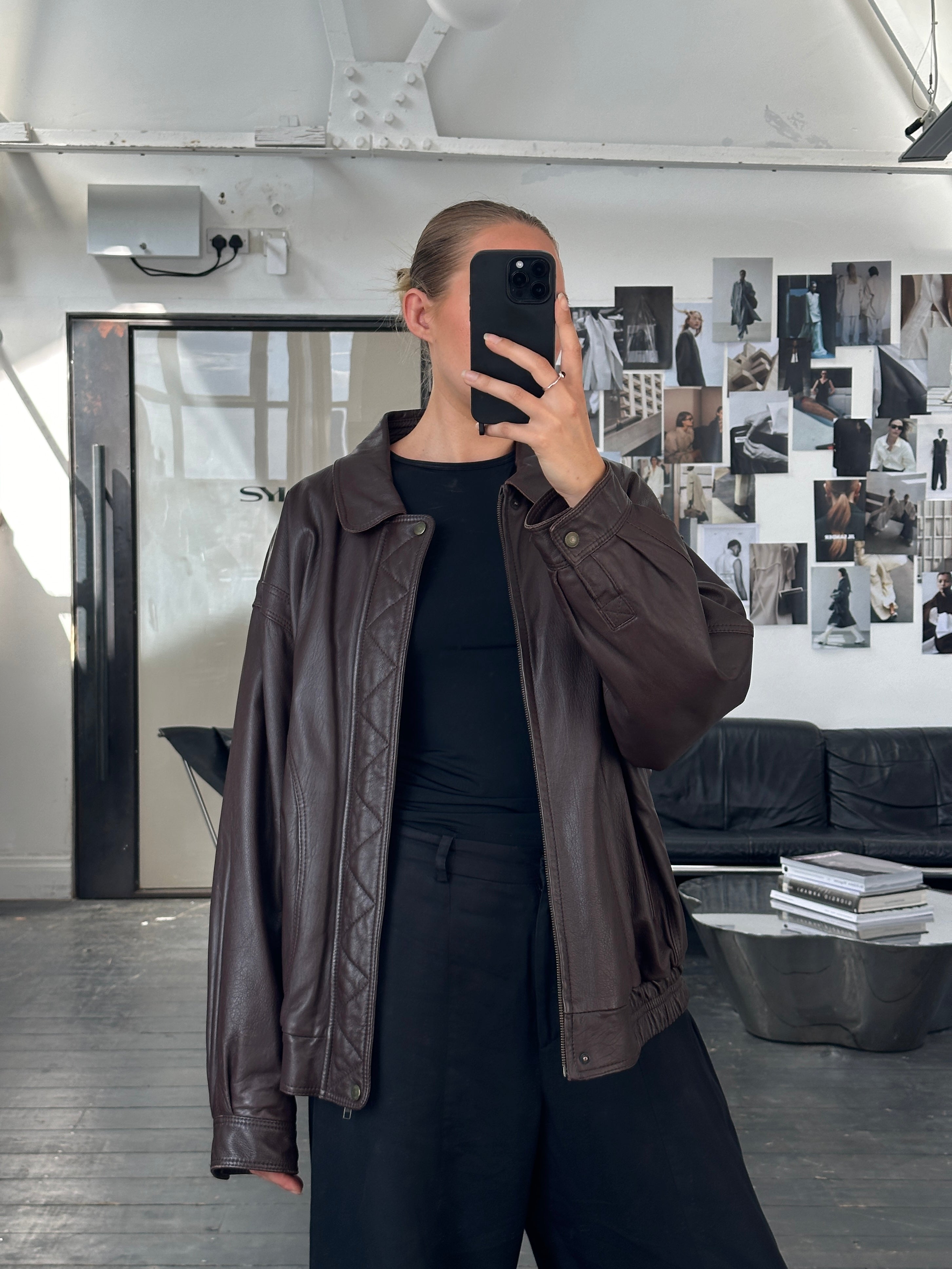 Jaeger 1980s leather bomber jacket in XL, featuring classic design, brown leather with ribbed cuffs and collar, front zip closure.