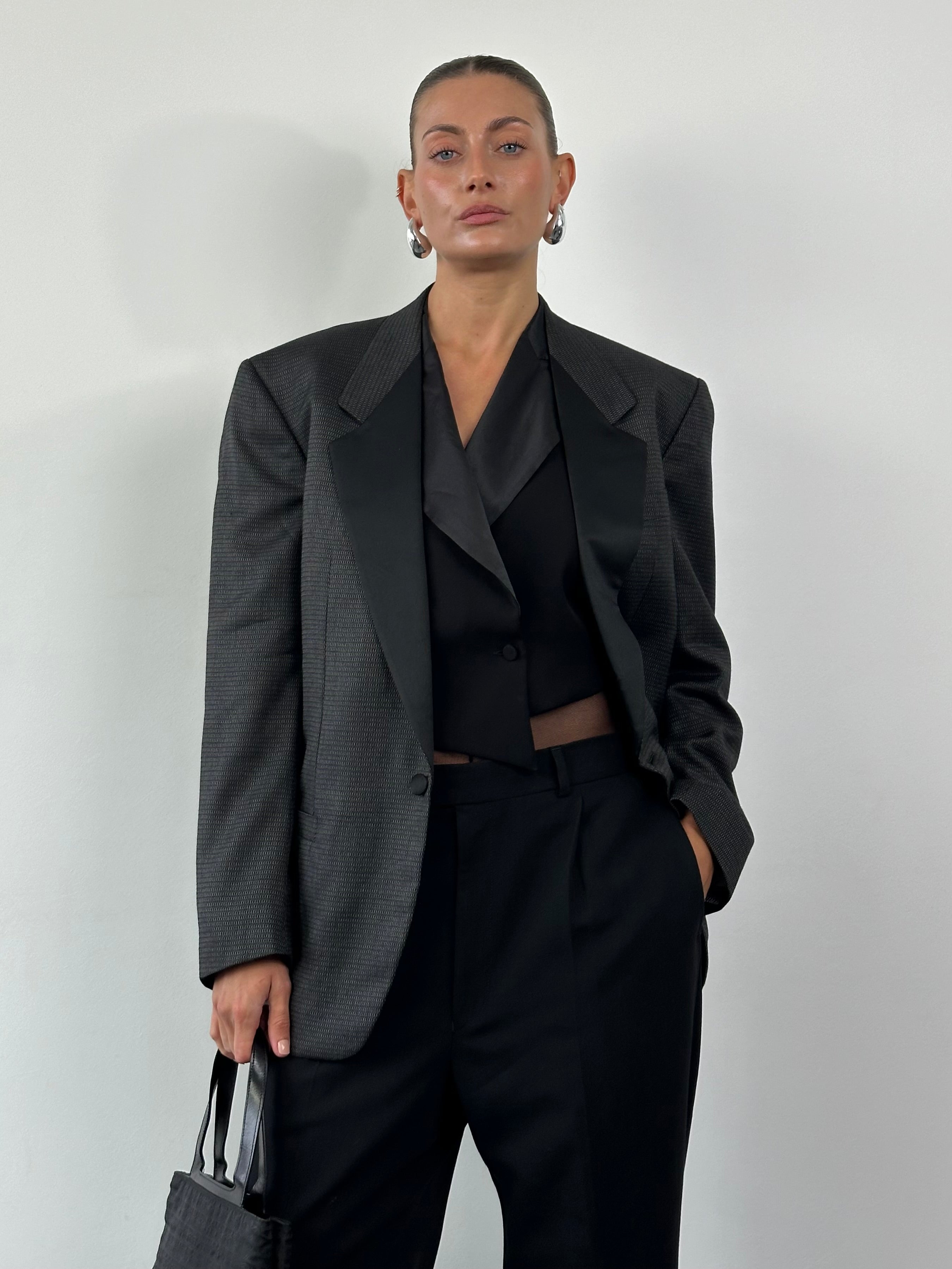 Yves Saint Laurent Diffusion Hommes 1980s wool silk tuxedo blazer, single button, size 38R/M, in classic black.