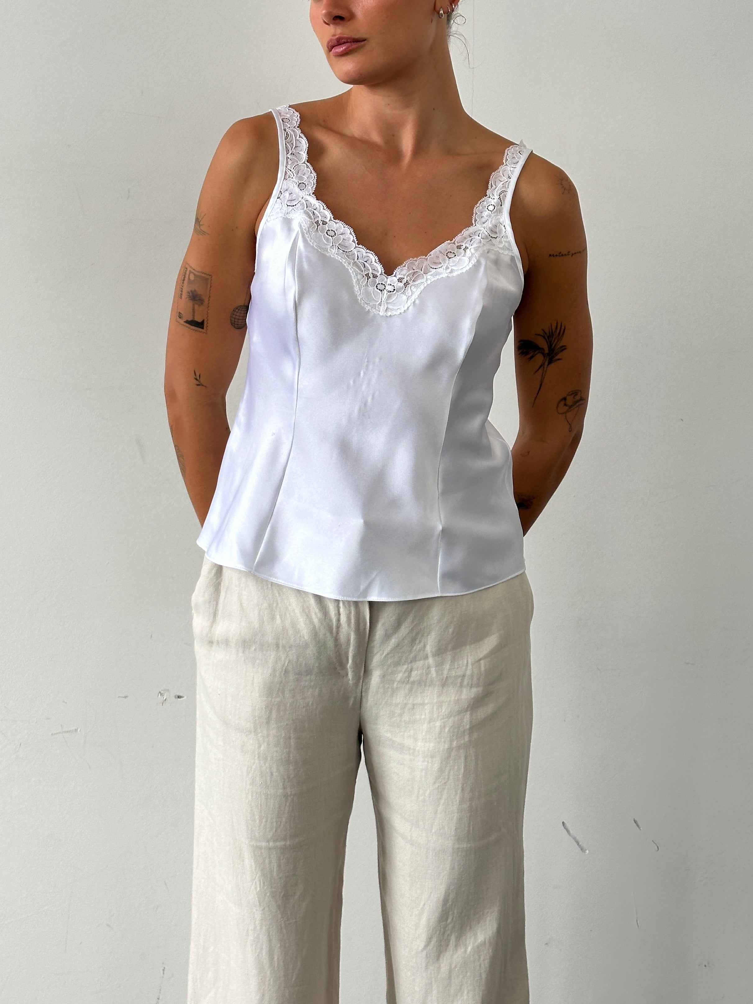 St Michael 90s satin lace cami top in size M, featuring delicate lace details and a smooth satin finish.