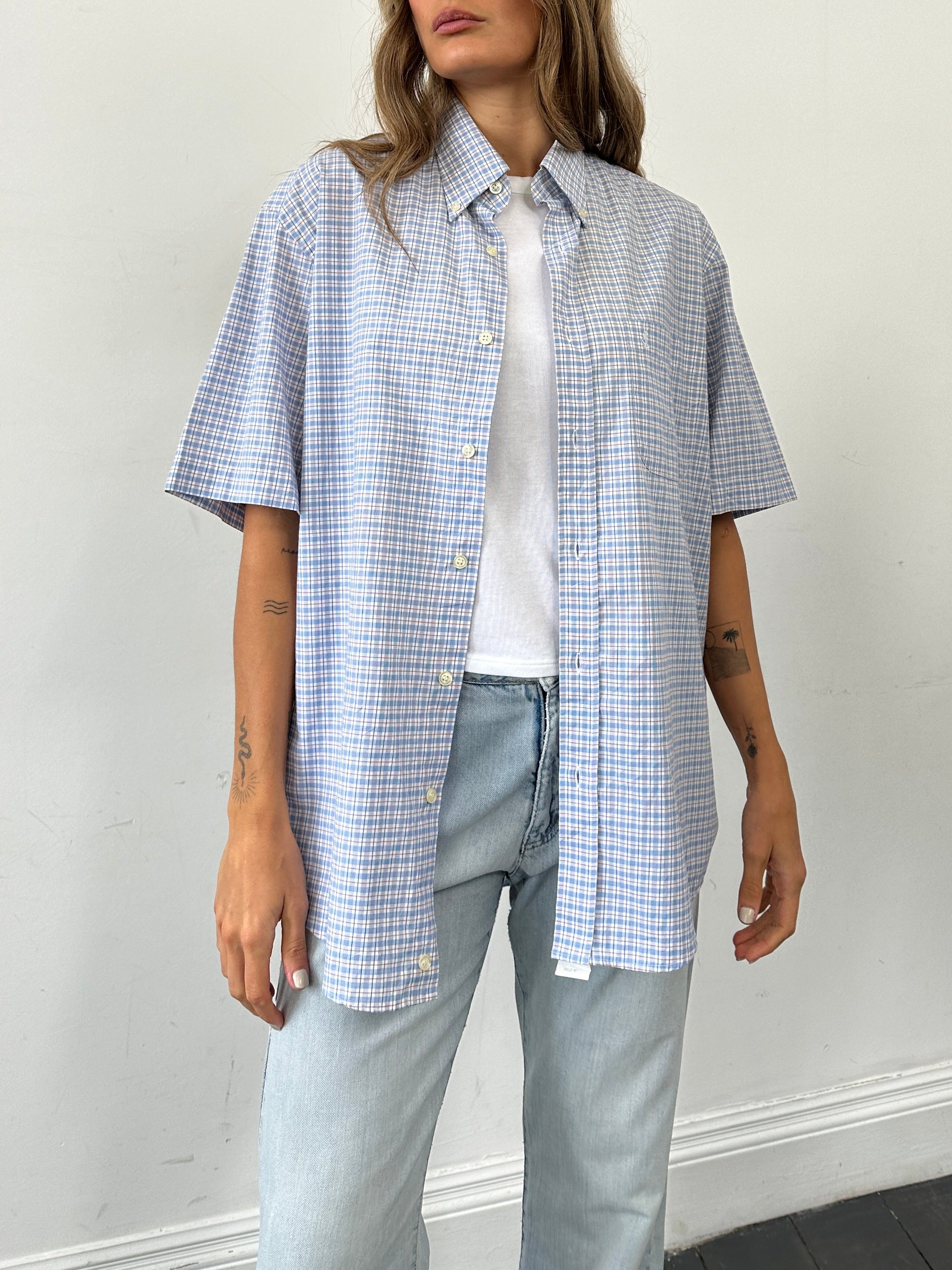 Yves Saint Laurent Pour Homme check cotton short sleeve shirt in XL with logo, featuring a classic button-up design and checkered pattern.