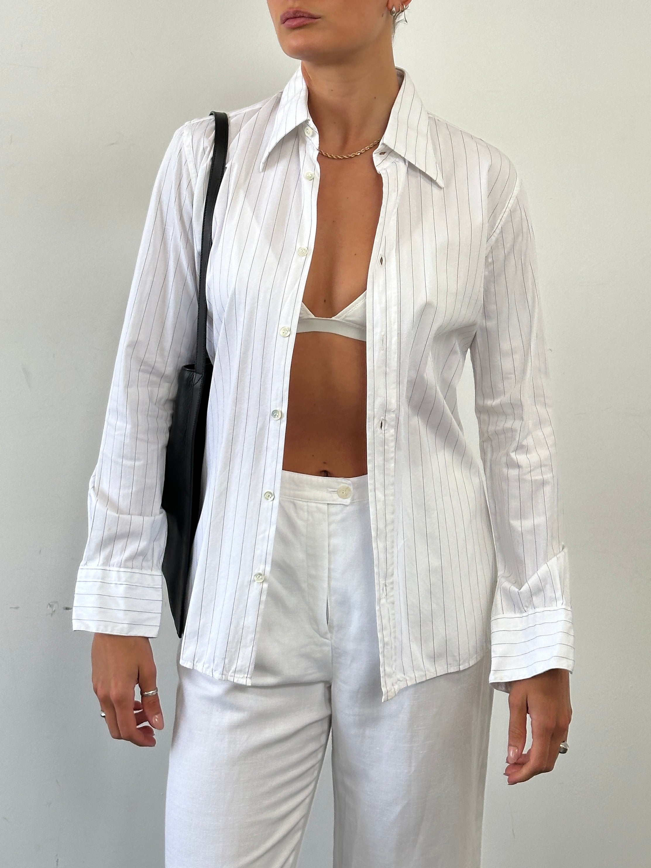 Vintage Dagger Collar fitted stripe shirt in XS/S, featuring a classic button-up design with bold vertical stripes.