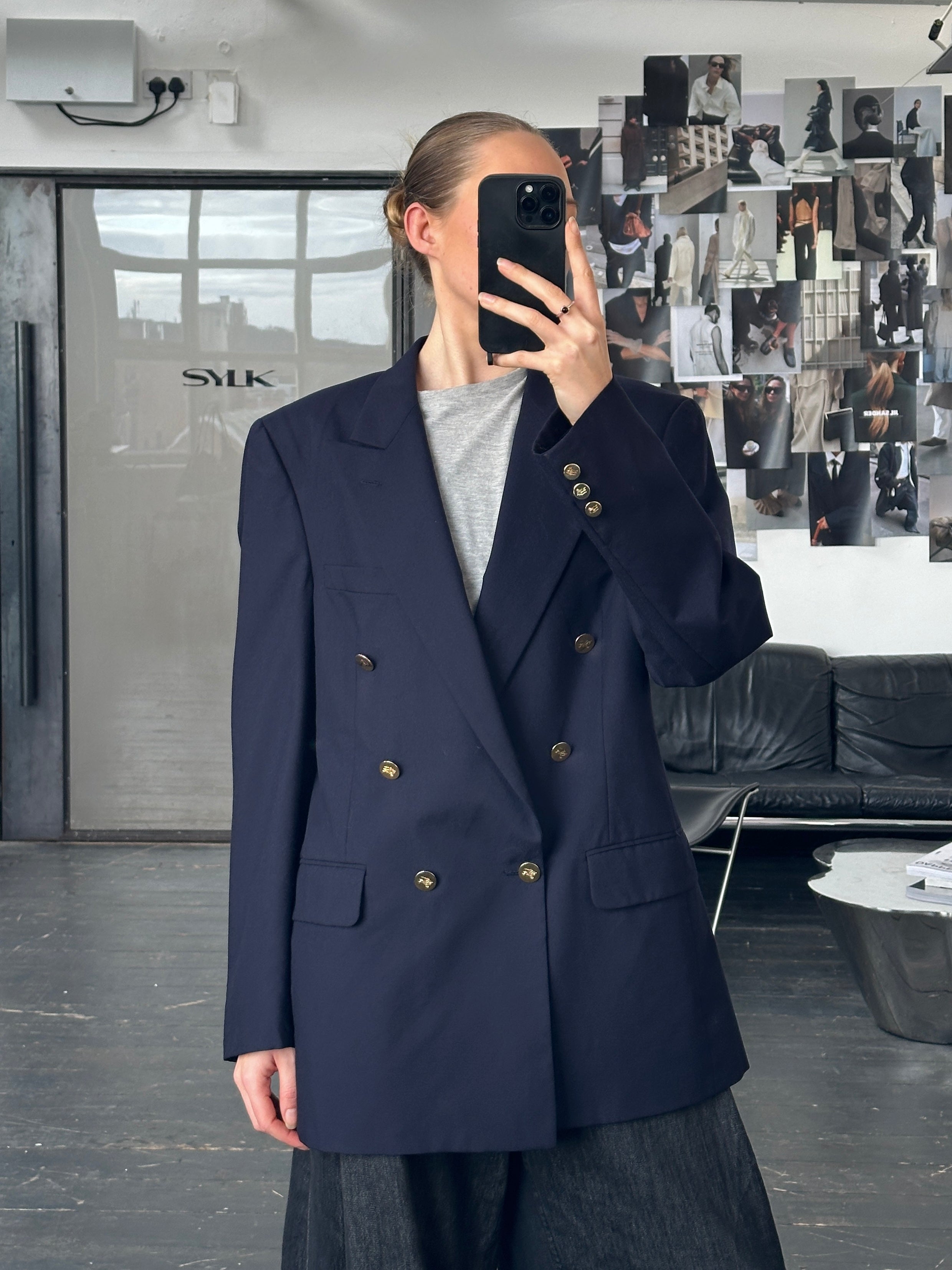 Burberry 1990s double-breasted wool blazer in cream with classic notch lapels and gold buttons, size 42R/XL.