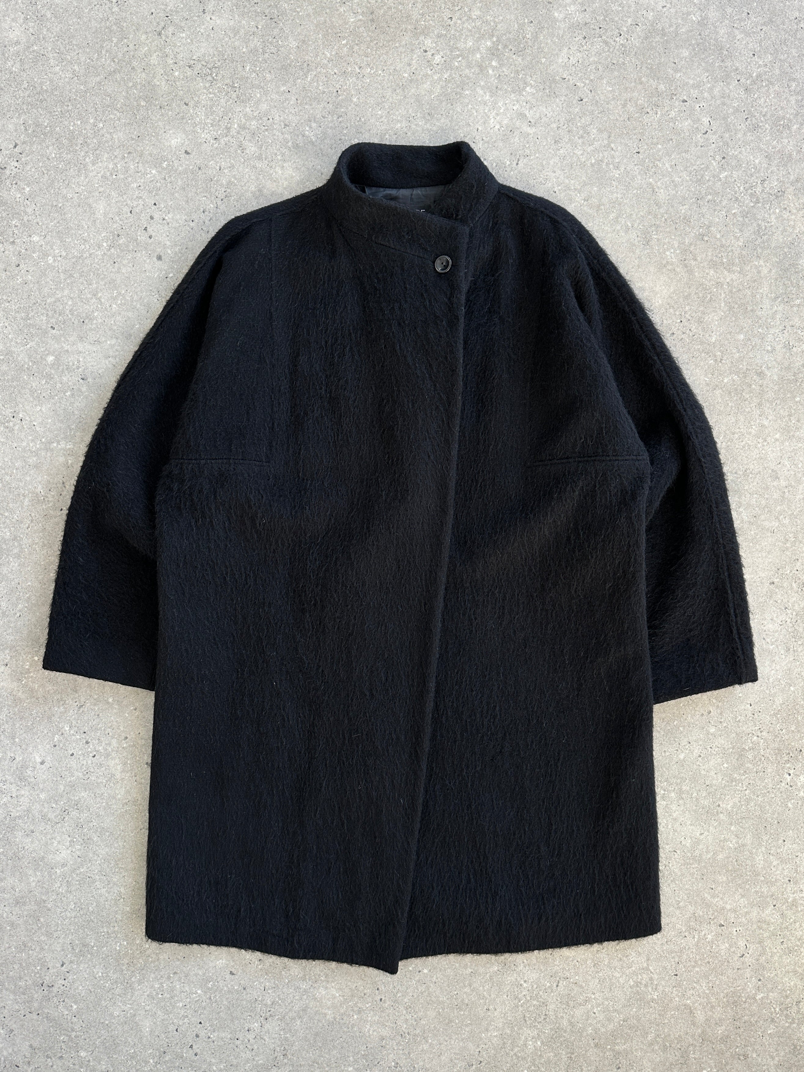 Vintage 1990s wool mohair high neck coat, size M, in classic style with a cozy high neckline and textured fabric.