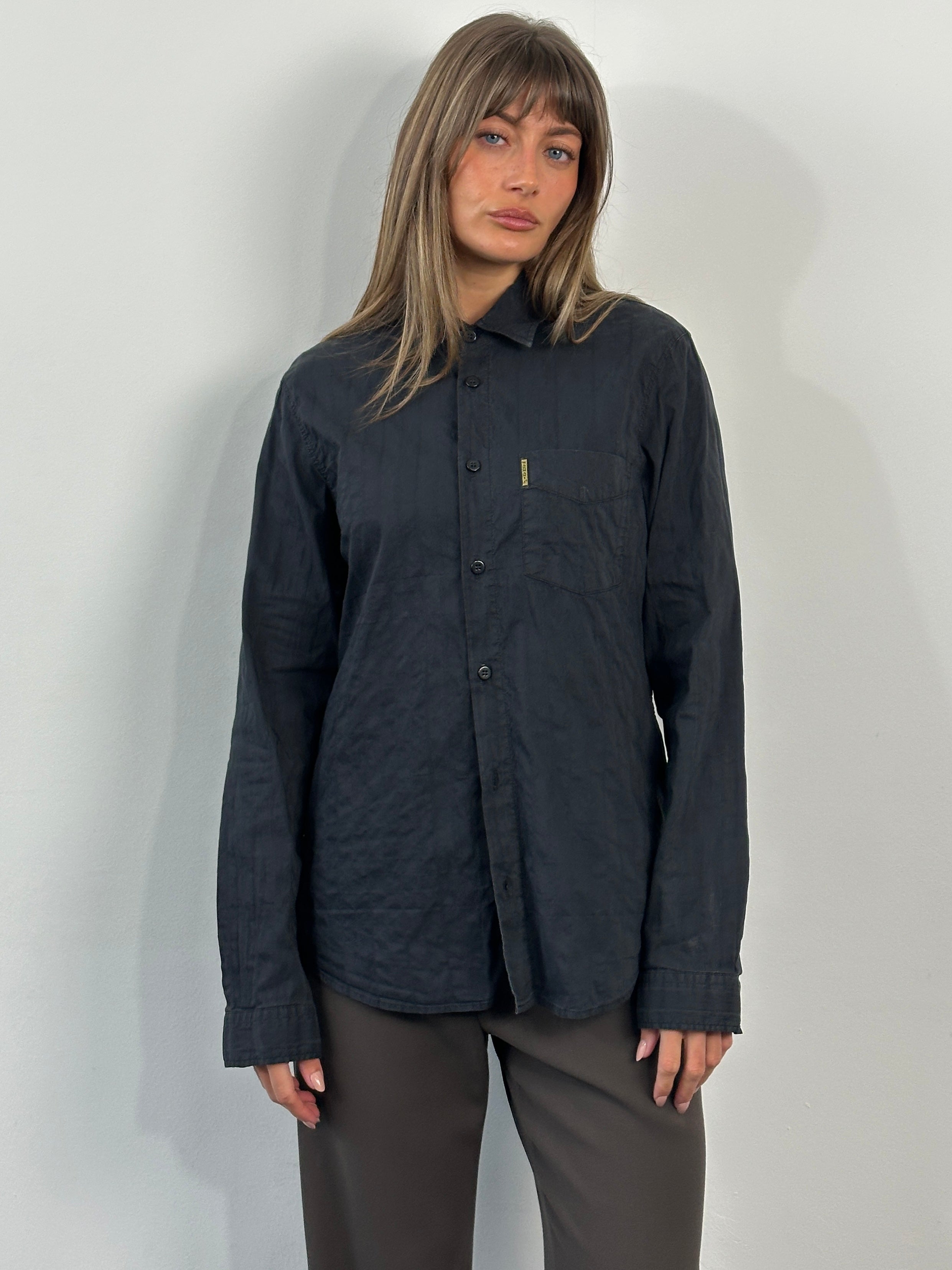 Armani Jeans 1990s cotton logo shirt in size M, featuring classic design and logo branding, white fabric with button front.