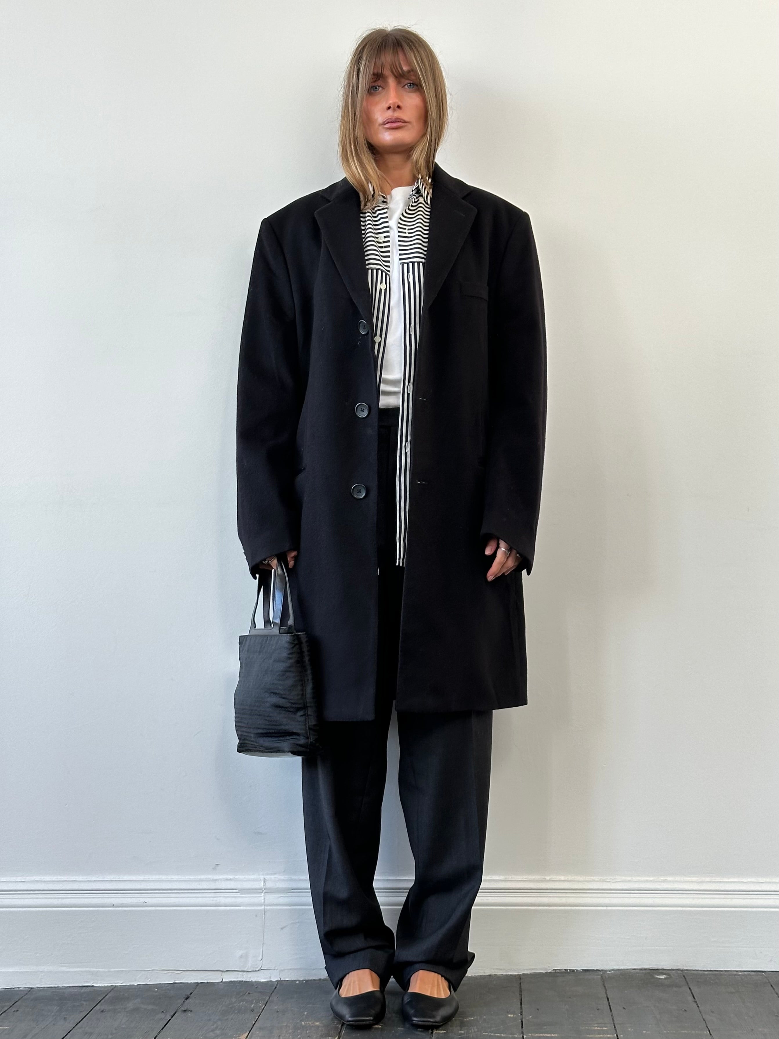 Versace Collection wool cashmere single-breasted coat in XL, stylish coat with tailored fit and luxurious fabric, displayed on a hanger.