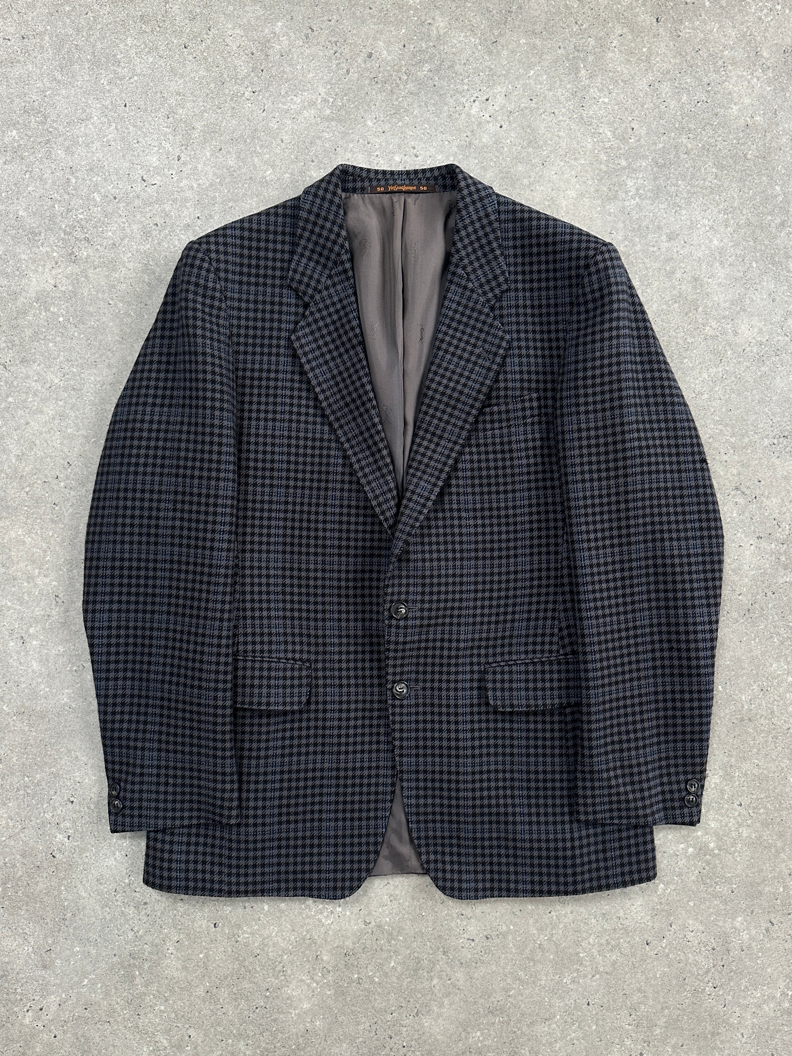 Yves Saint Laurent 1980s check brushed wool blazer in size 40R/L, featuring a tailored fit and classic plaid pattern.