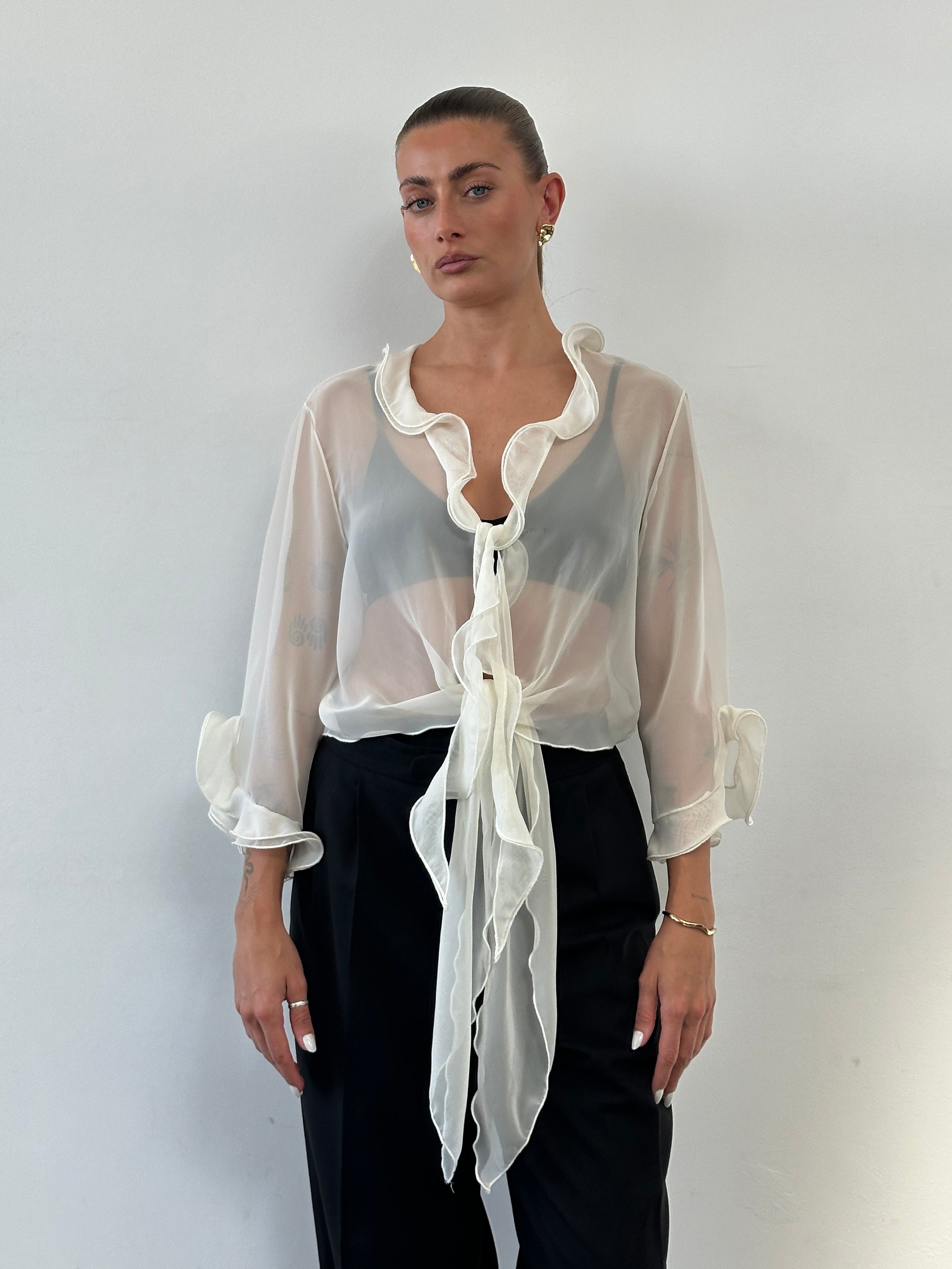 Vintage Italian sheer tie-front blouse with frill details, available in S to XL, featuring a lightweight, feminine shirt design.