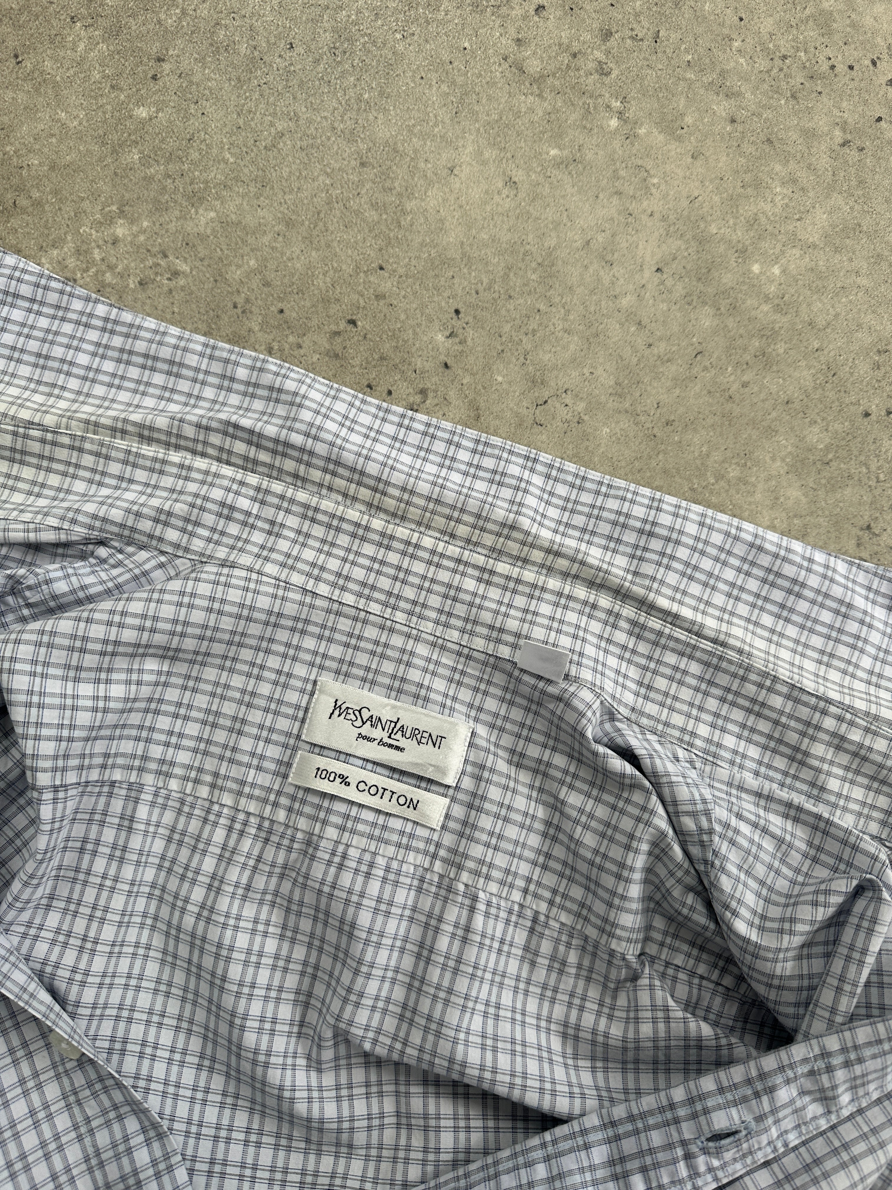 Yves Saint Laurent Pour Homme 2000s check pure cotton shirt in size L, featuring a classic pattern and button-front design.