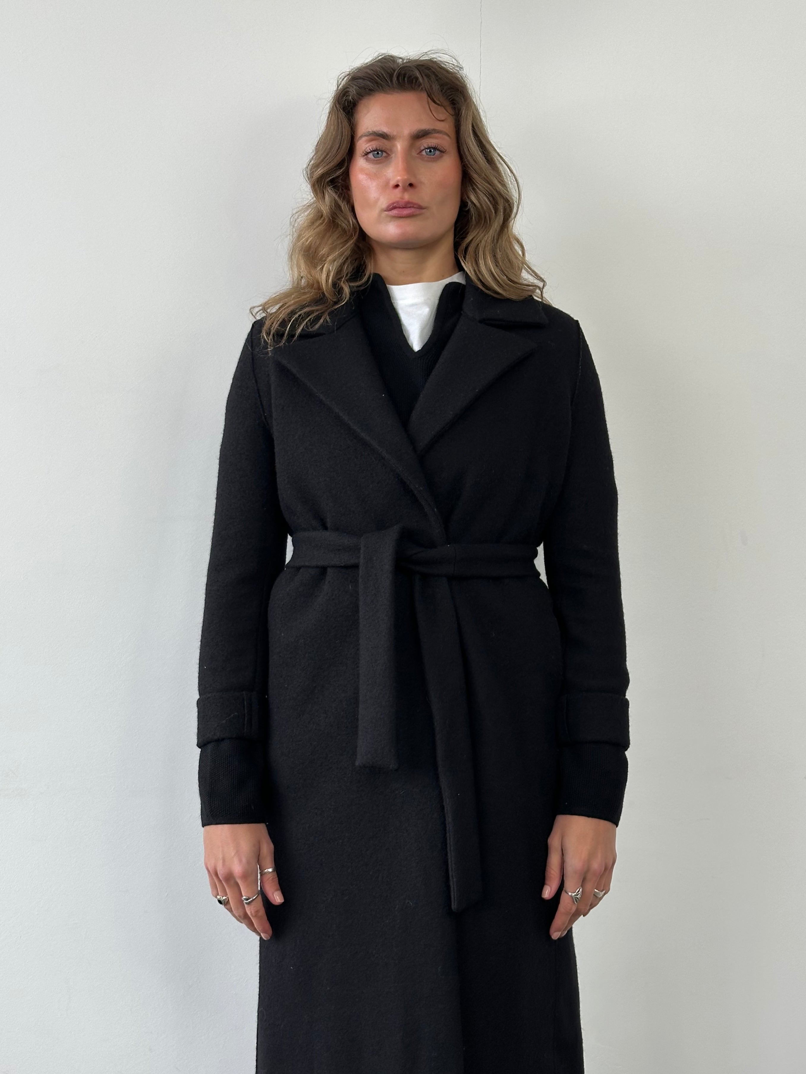 Marella Pure Virgin Wool Double Faced Belted Coat in size S, shown on a hanger, featuring a classic design and tailored fit.