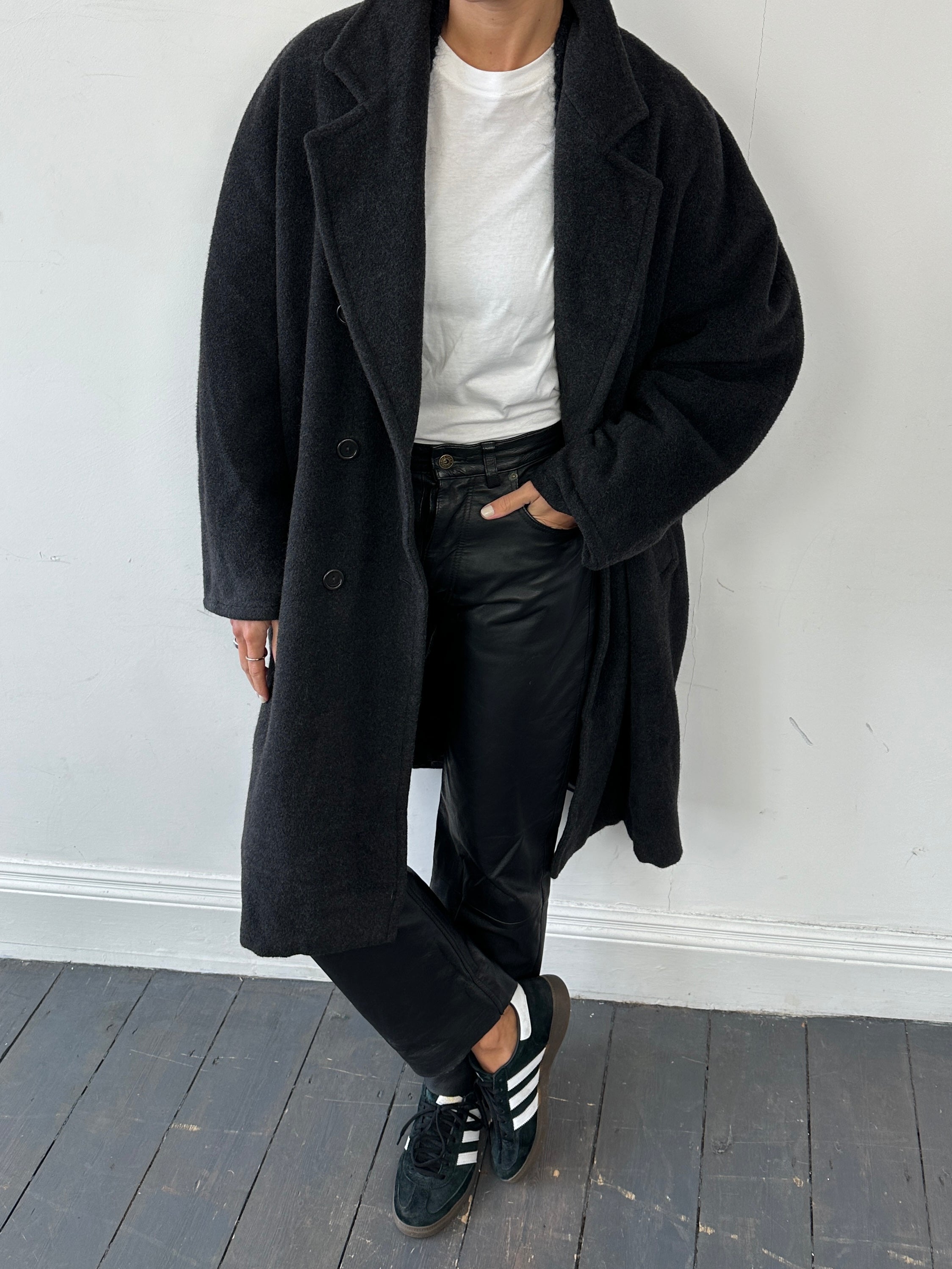 Marella wool cashmere double-breasted coat in XL, beige color, shown hanging on a wooden hanger with a classic collar.