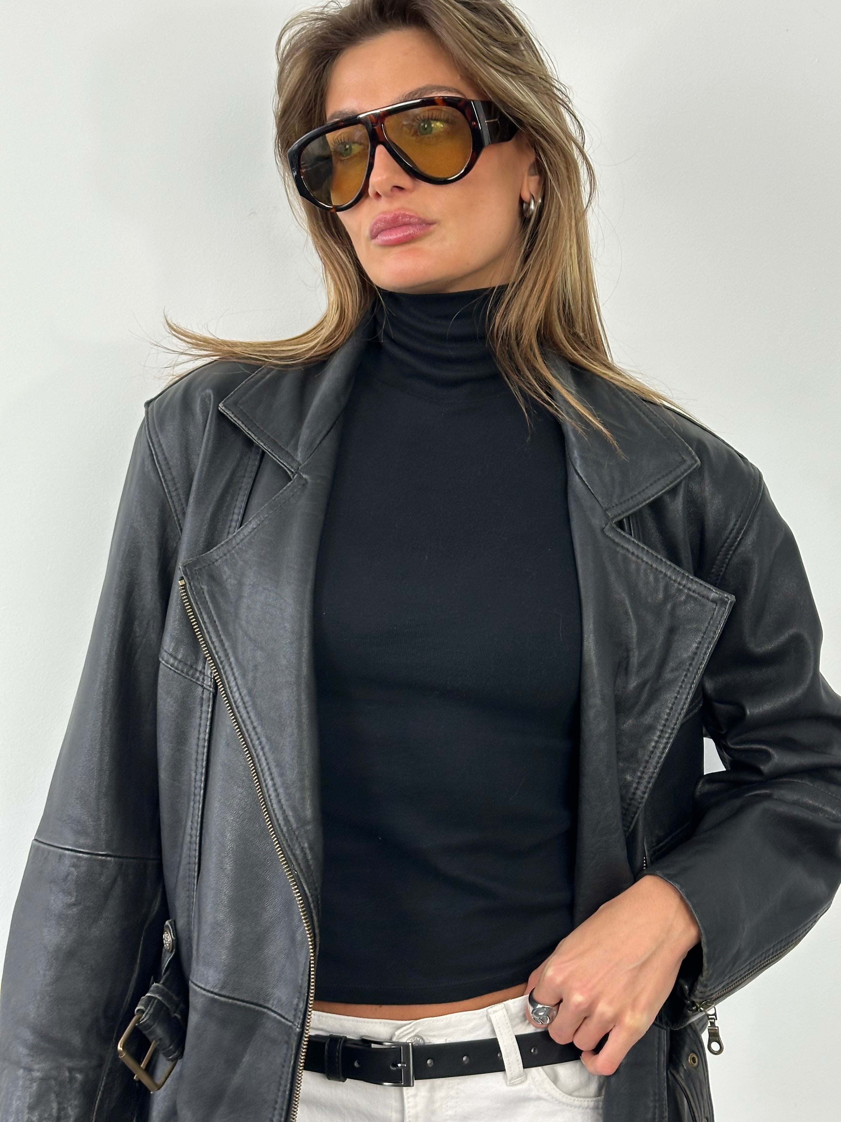 Vintage 1990s leather belted jacket, men's medium, featuring classic leather material and vintage style details.