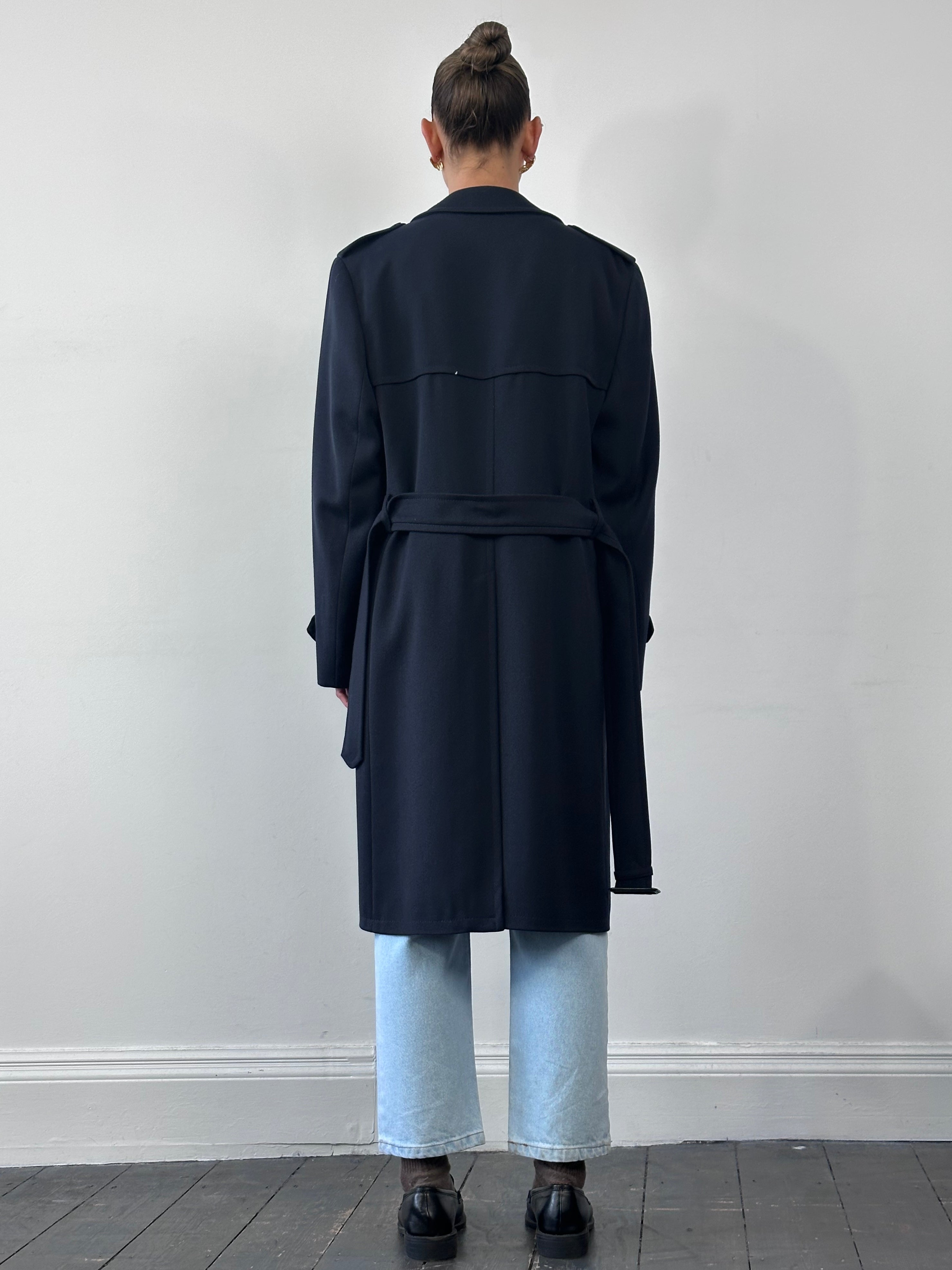 Vintage wool twill belted trench coat in size XL, featuring classic design and button details, shown on a hanger.