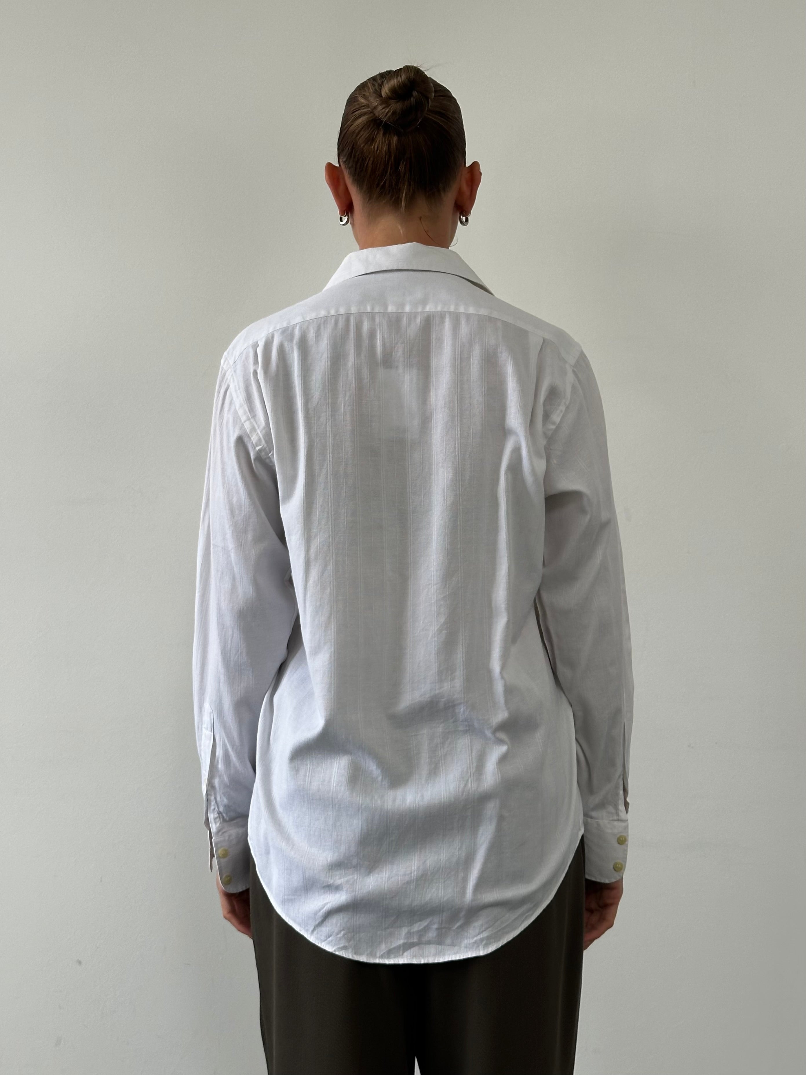 Yves Saint Laurent Pour Homme cotton logo shirt in size M, 1990s style, featuring classic YSL branding and a tailored fit.