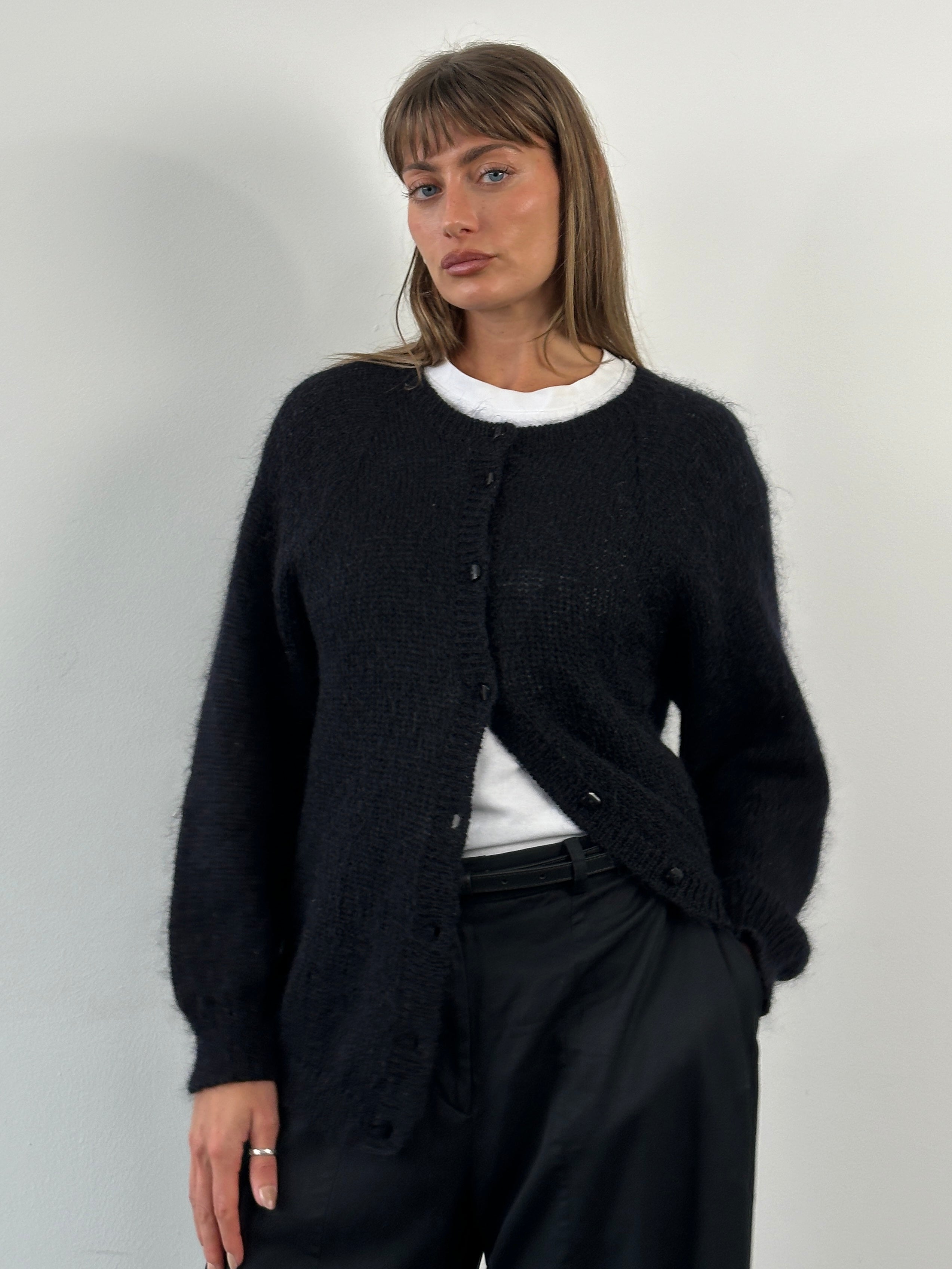 St Michael 1990s mohair cardigan in size L, beige with a textured knit pattern, featuring a button-up front and ribbed cuffs.
