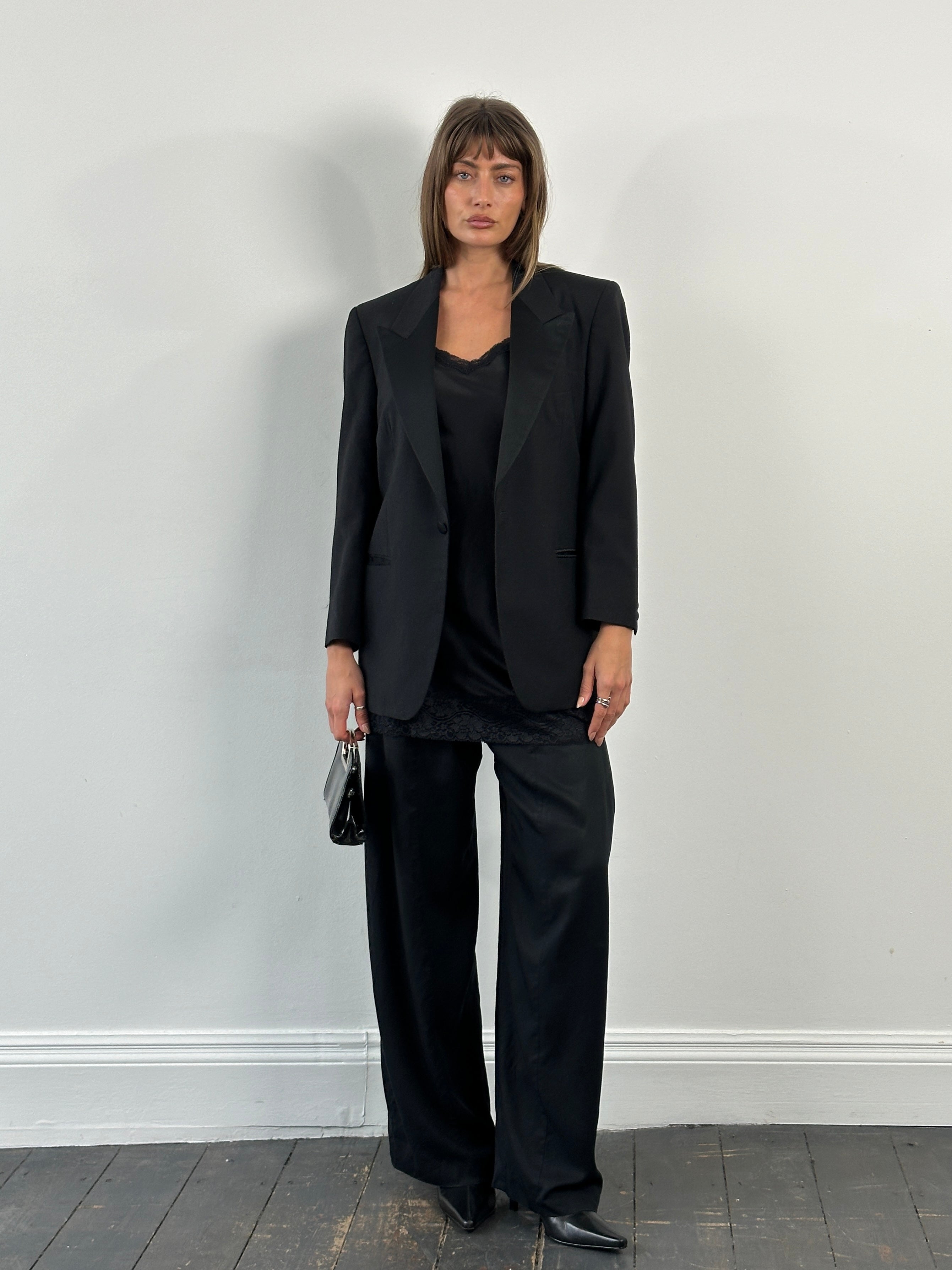 Christian Dior Monsieur 1980s wool tuxedo blazer, 38R/M, tailored fit with notch lapels and classic formal style.