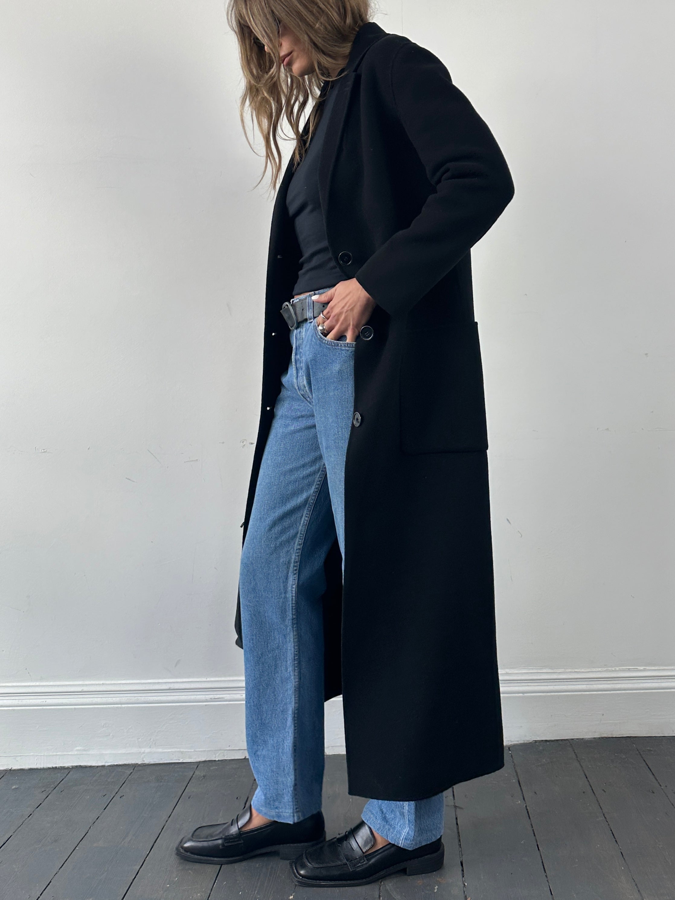 The Kooples double-faced pure wool unlined coat in XS/S, floor-length, showcasing a sleek, elegant design and tailored fit.