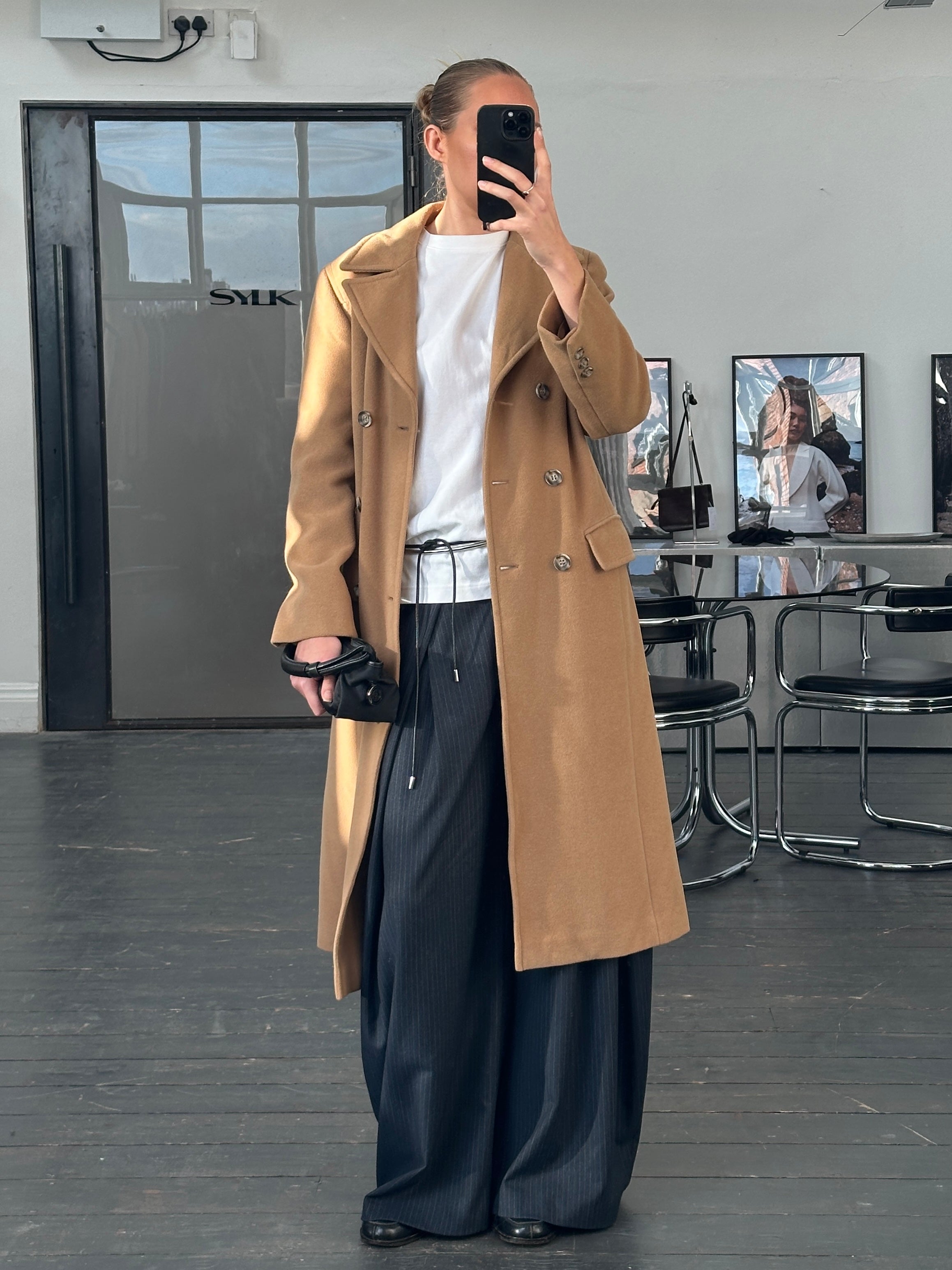Marella 1990s virgin wool double-breasted coat in size M, featuring classic lapels and tailored fit, in a neutral color.