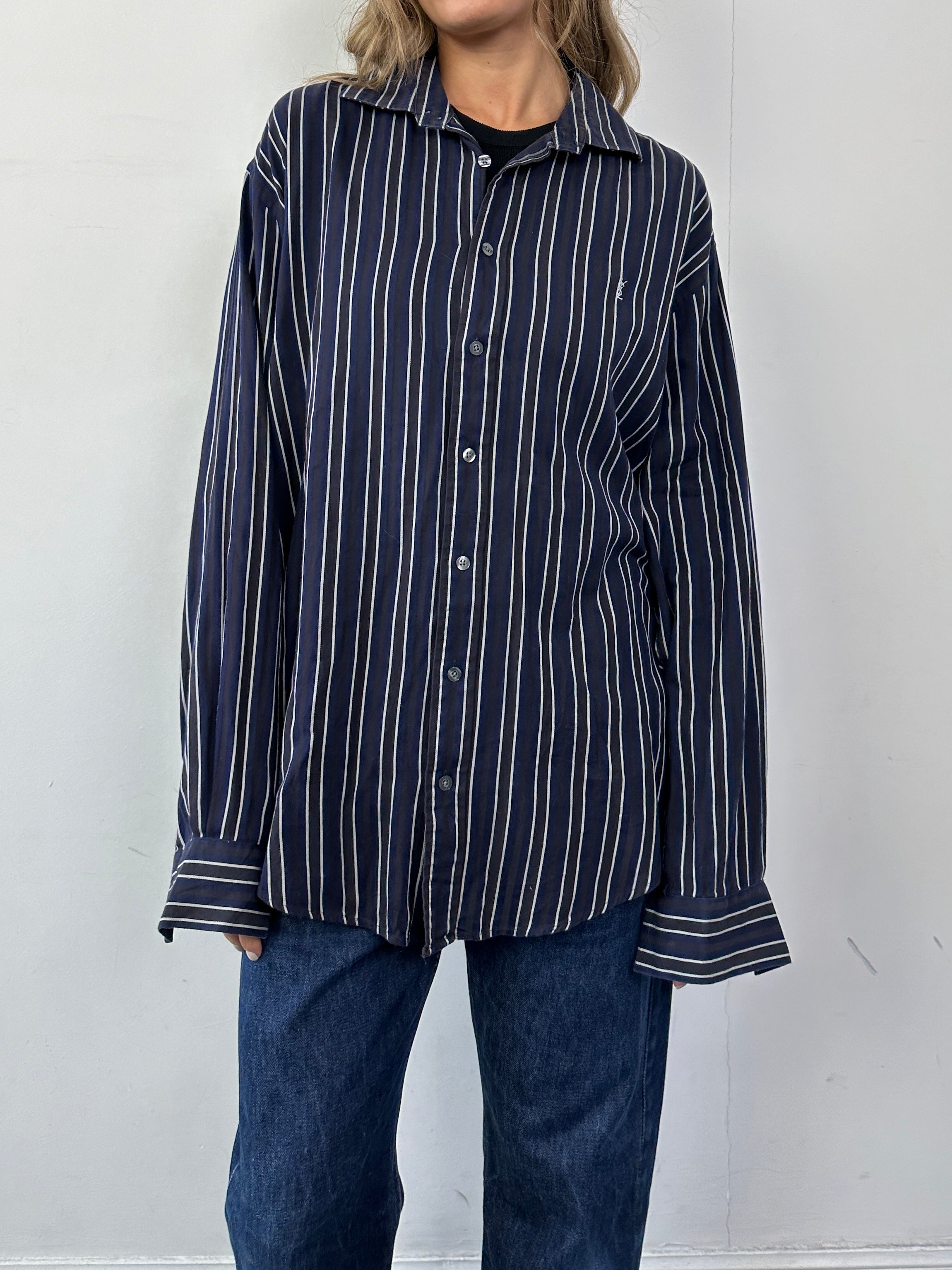 Yves Saint Laurent pinstripe pure cotton shirt in XL with logo design, featuring a classic button-up style and tailored fit.