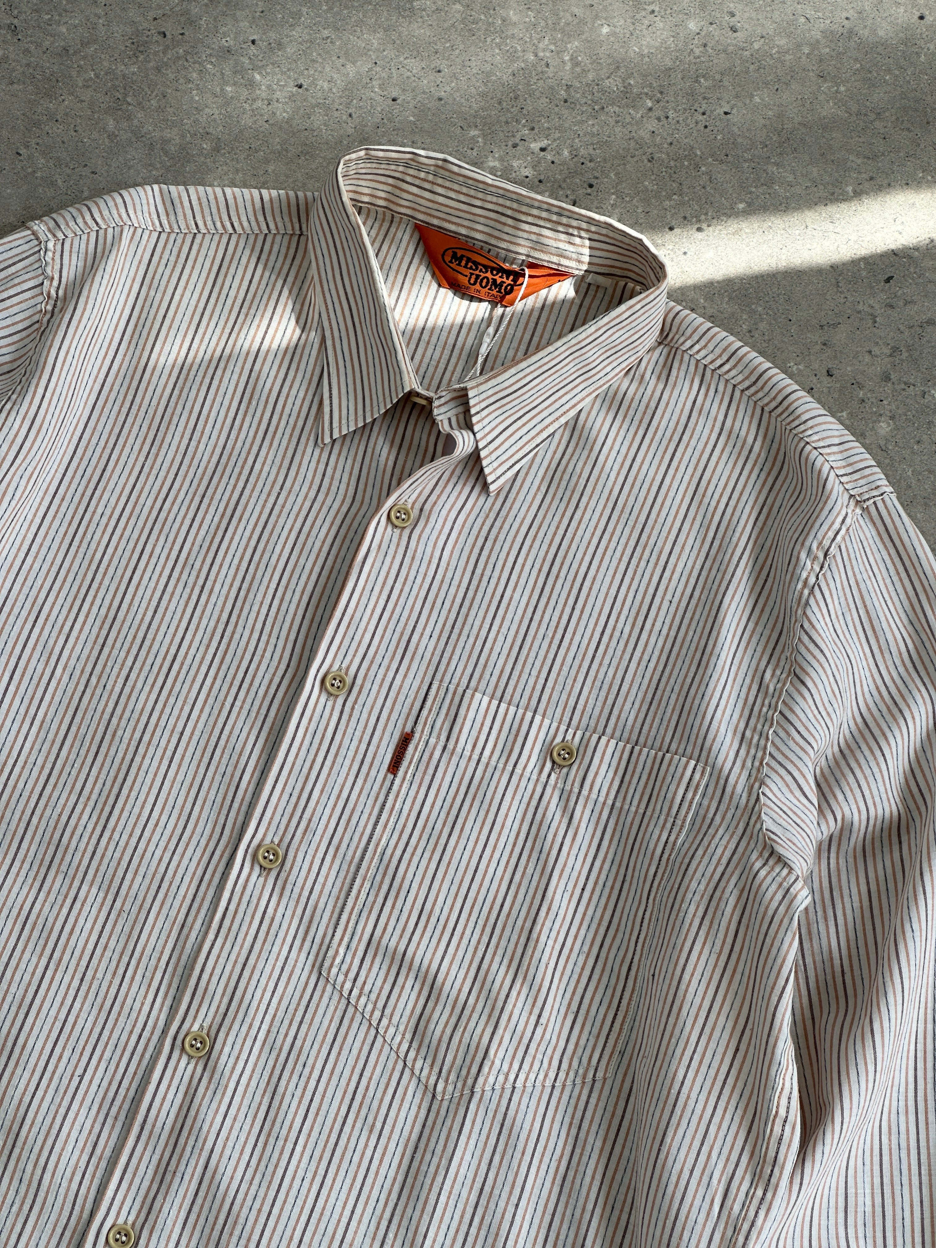 Missoni 90s cotton stripe shirt in large/extra-large size, featuring colorful horizontal stripes and classic Missoni style.