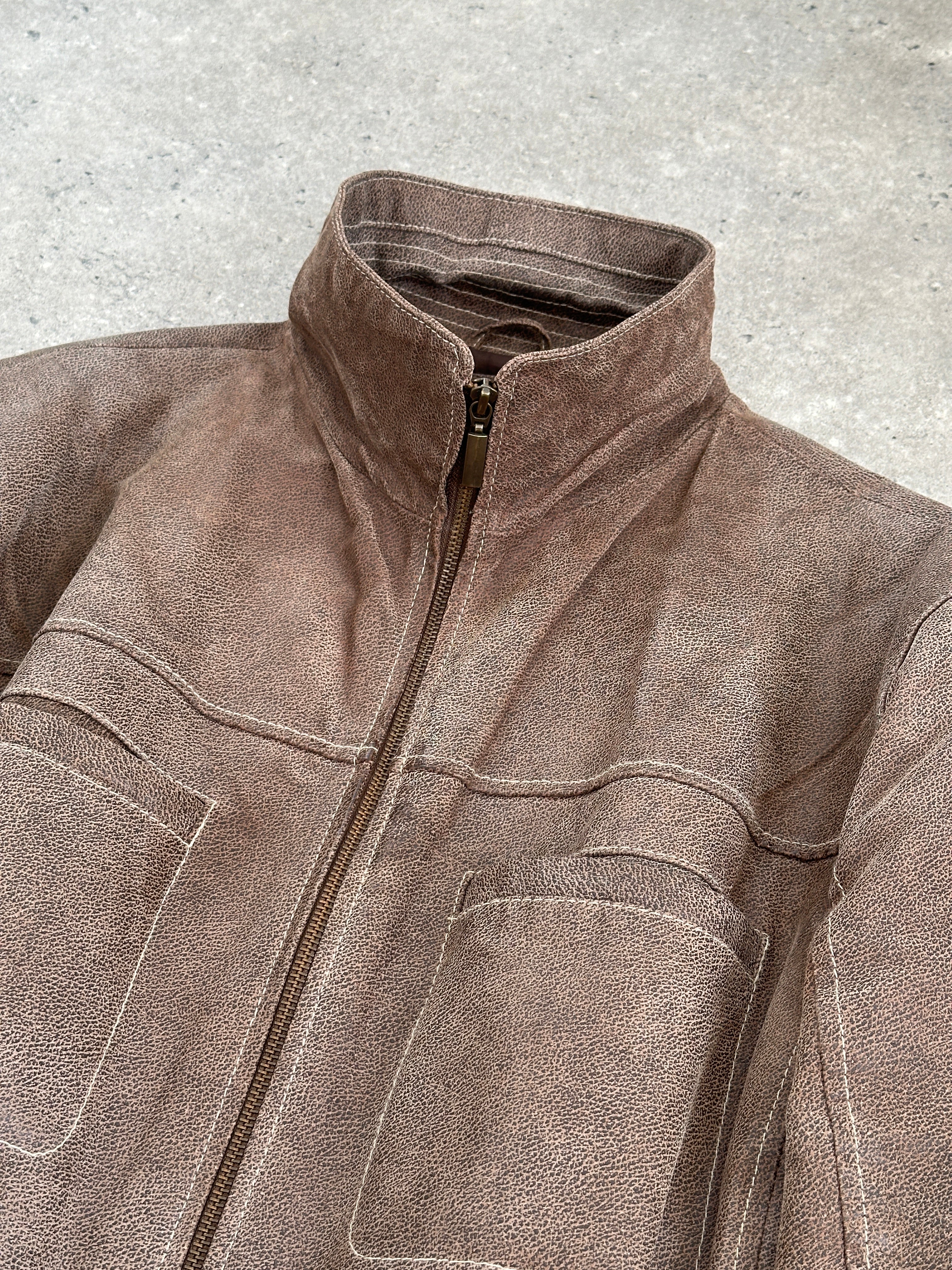 Vintage textured high neck leather jacket in XL, showcasing classic design, rich leather texture, and high neckline.