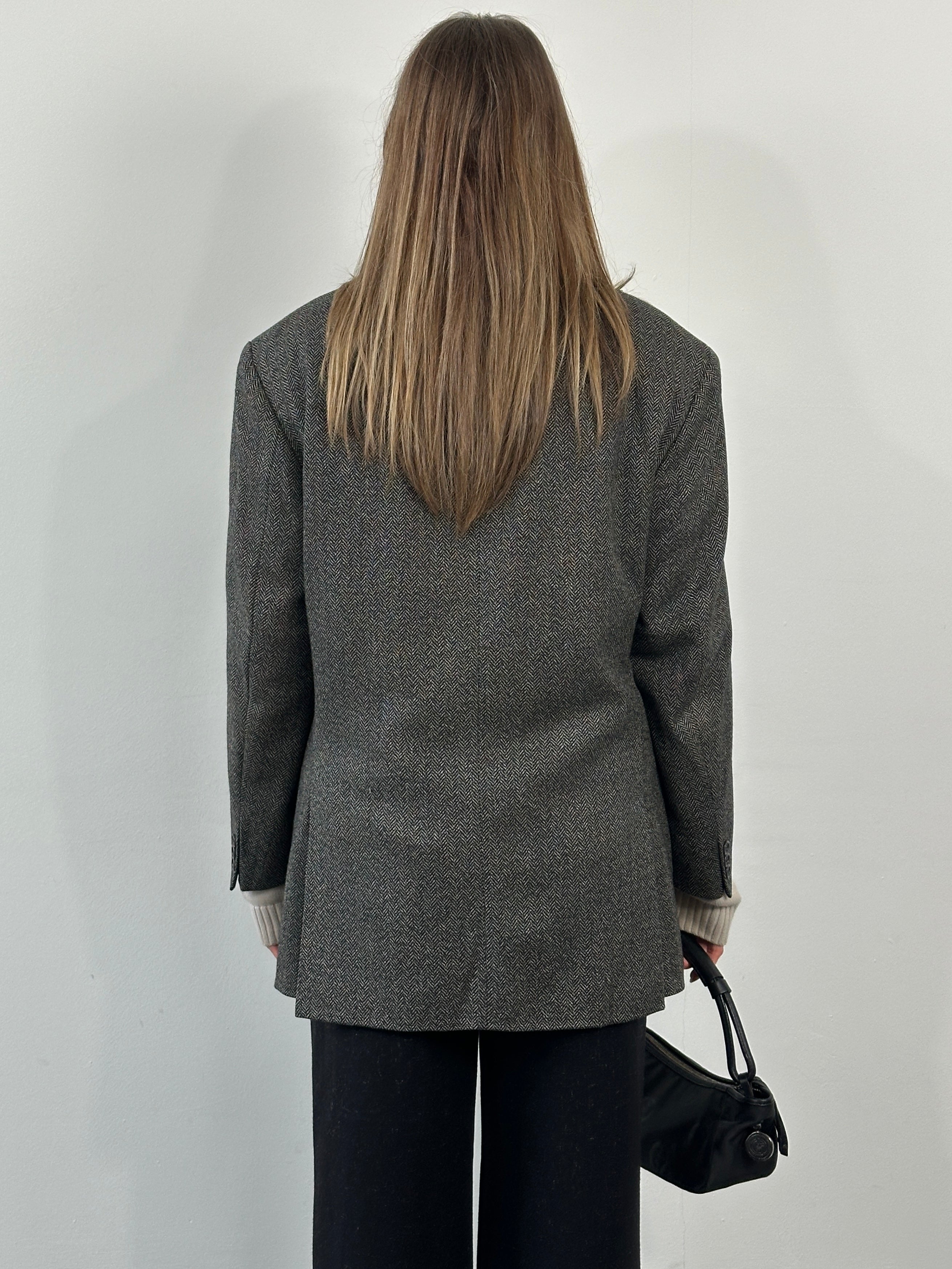 Loro Piana 1990s wool cashmere high-neck blazer in size 38R/L, beige color, tailored with a high neckline and classic fit.