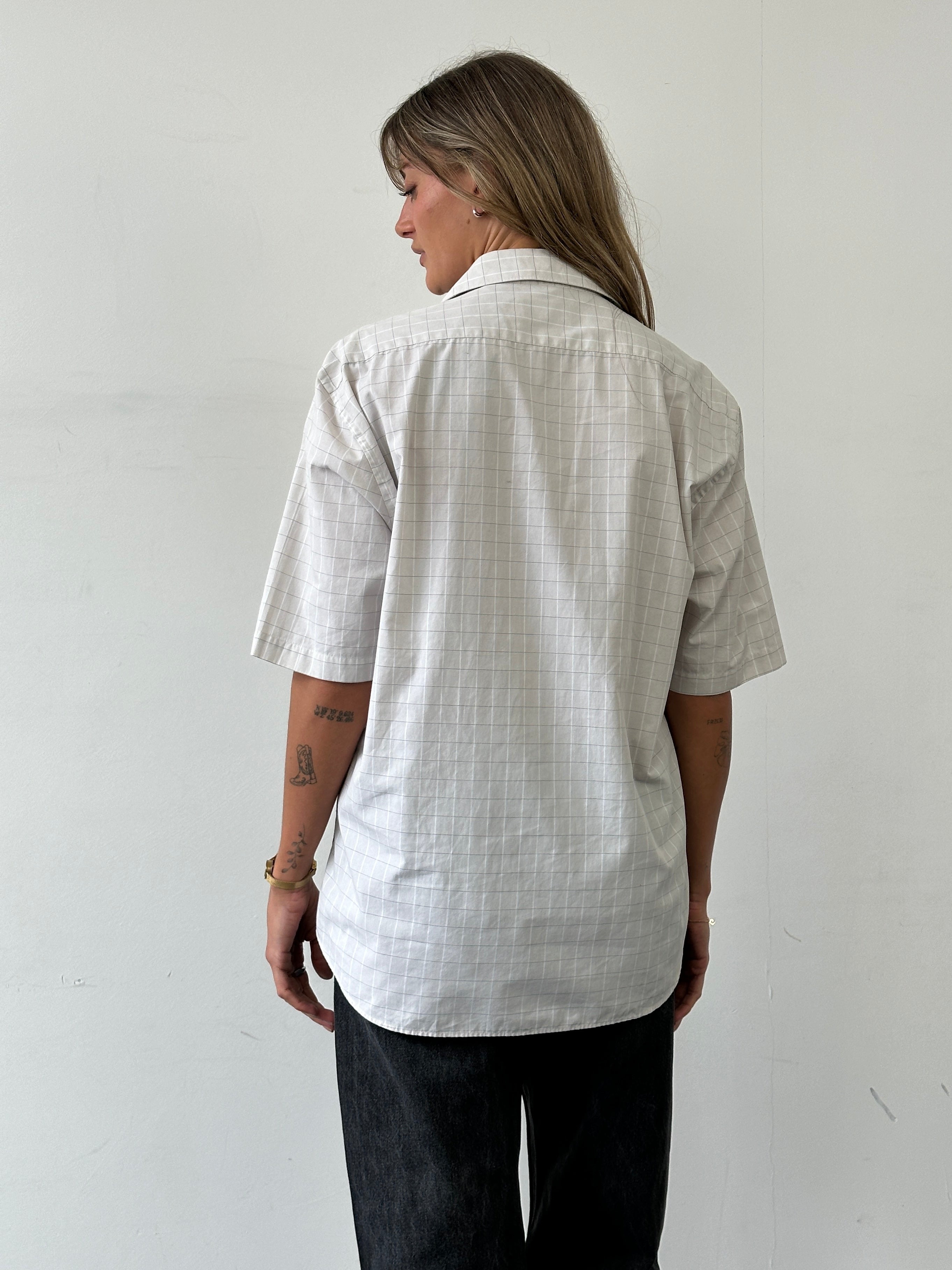 Yves Saint Laurent Pour Homme check cotton logo short sleeve shirt in size L, featuring a classic pattern and YSL branding.