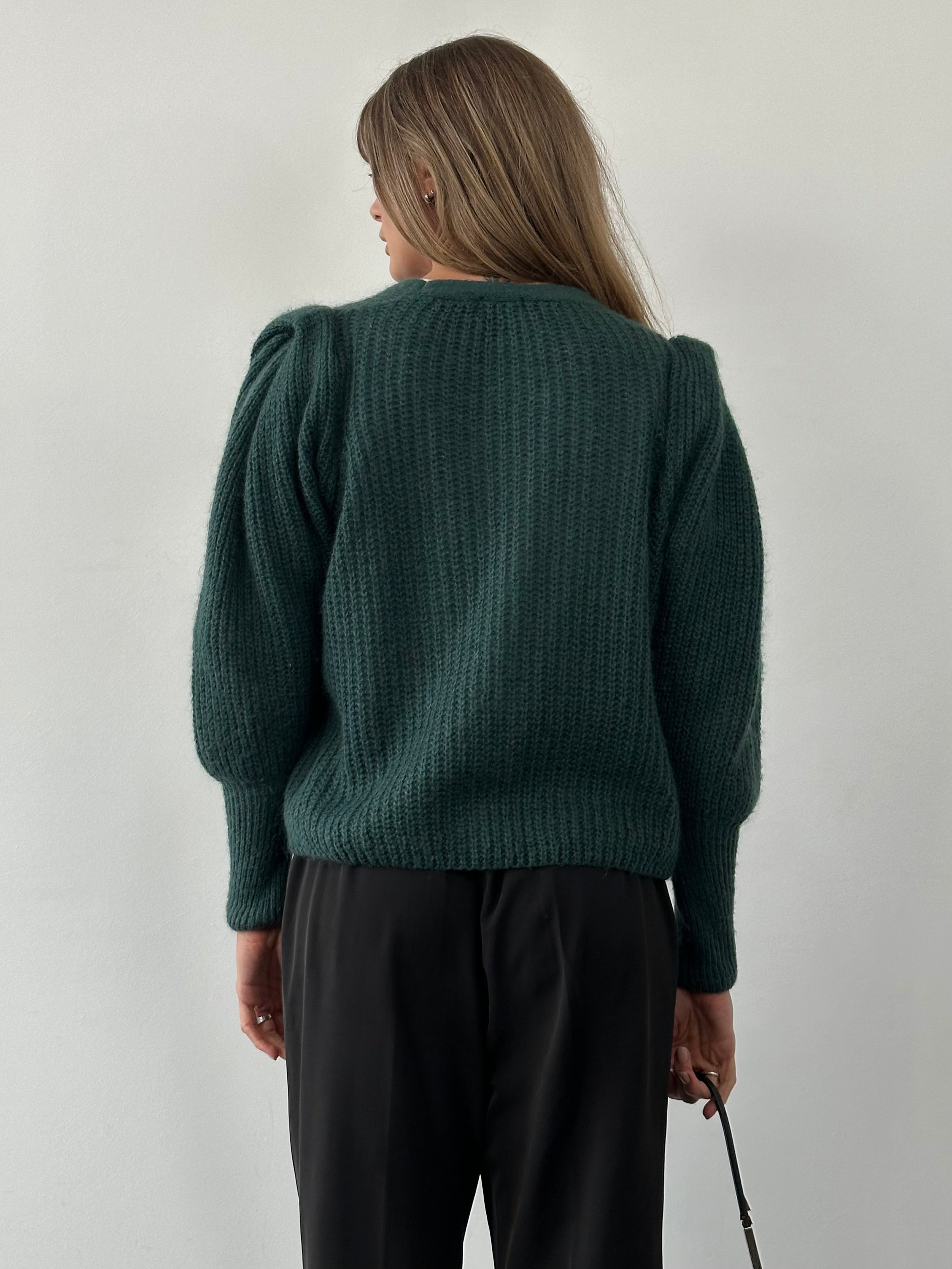 Italian vintage mohair cardigan with ruched design, in size M, featuring a soft, textured knit and classic style.