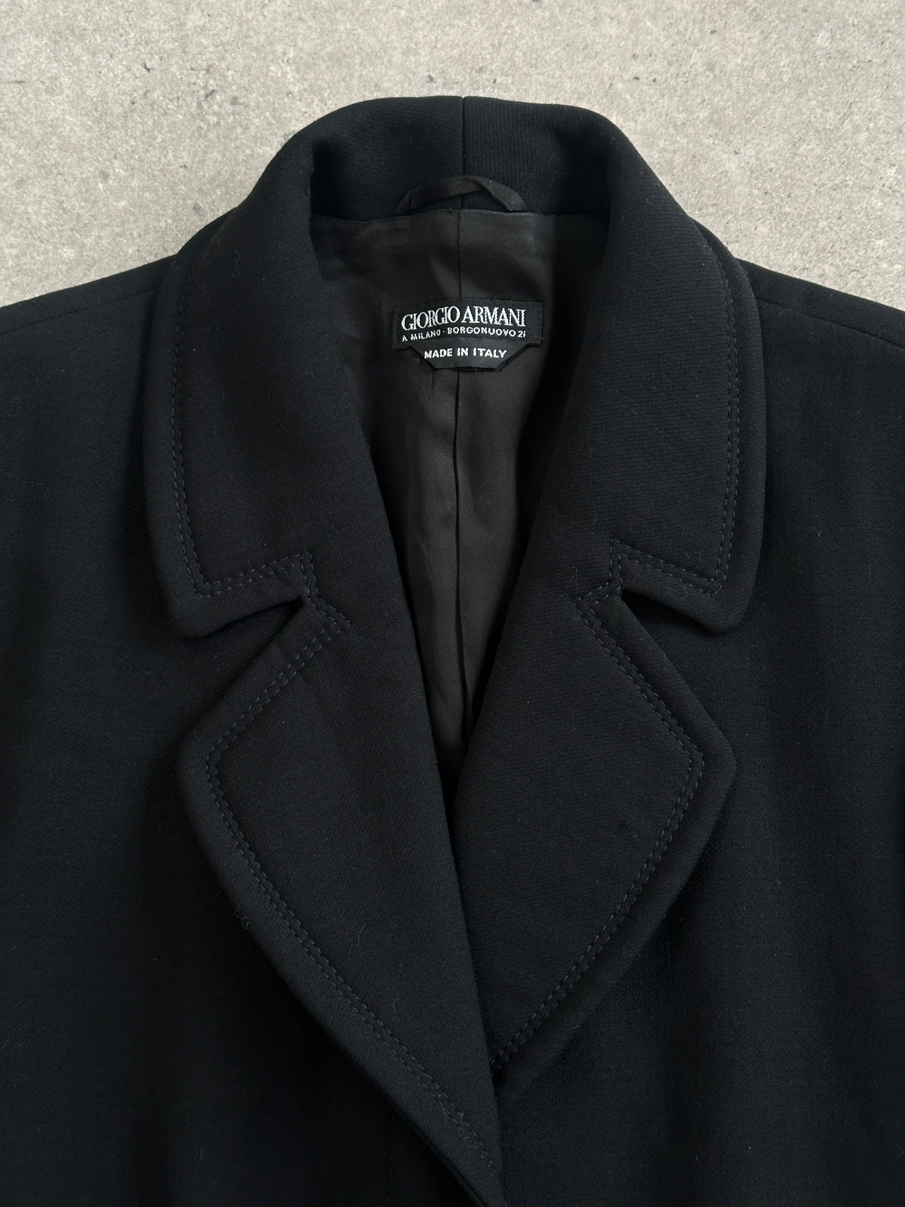 Giorgio Armani 1990s pure wool floor-length coat in classic style, tailored fit, dark color, displayed on a hanger.