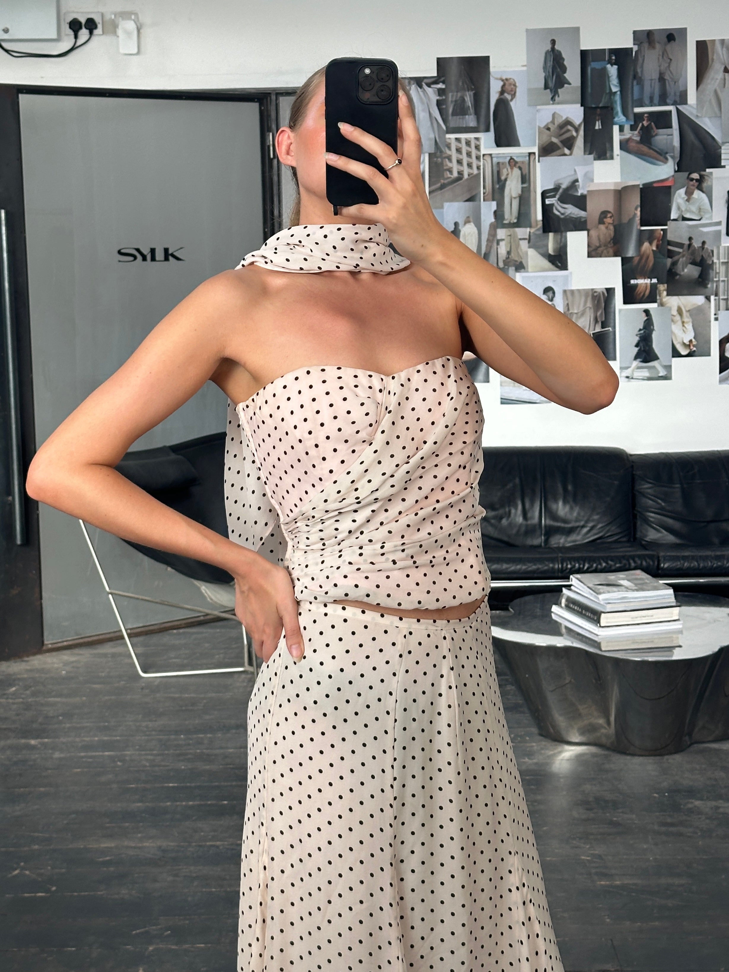 Jaeger 2000s Pure Silk Polkadot Two Piece Skirt Top Set - L/W28 - SYLK