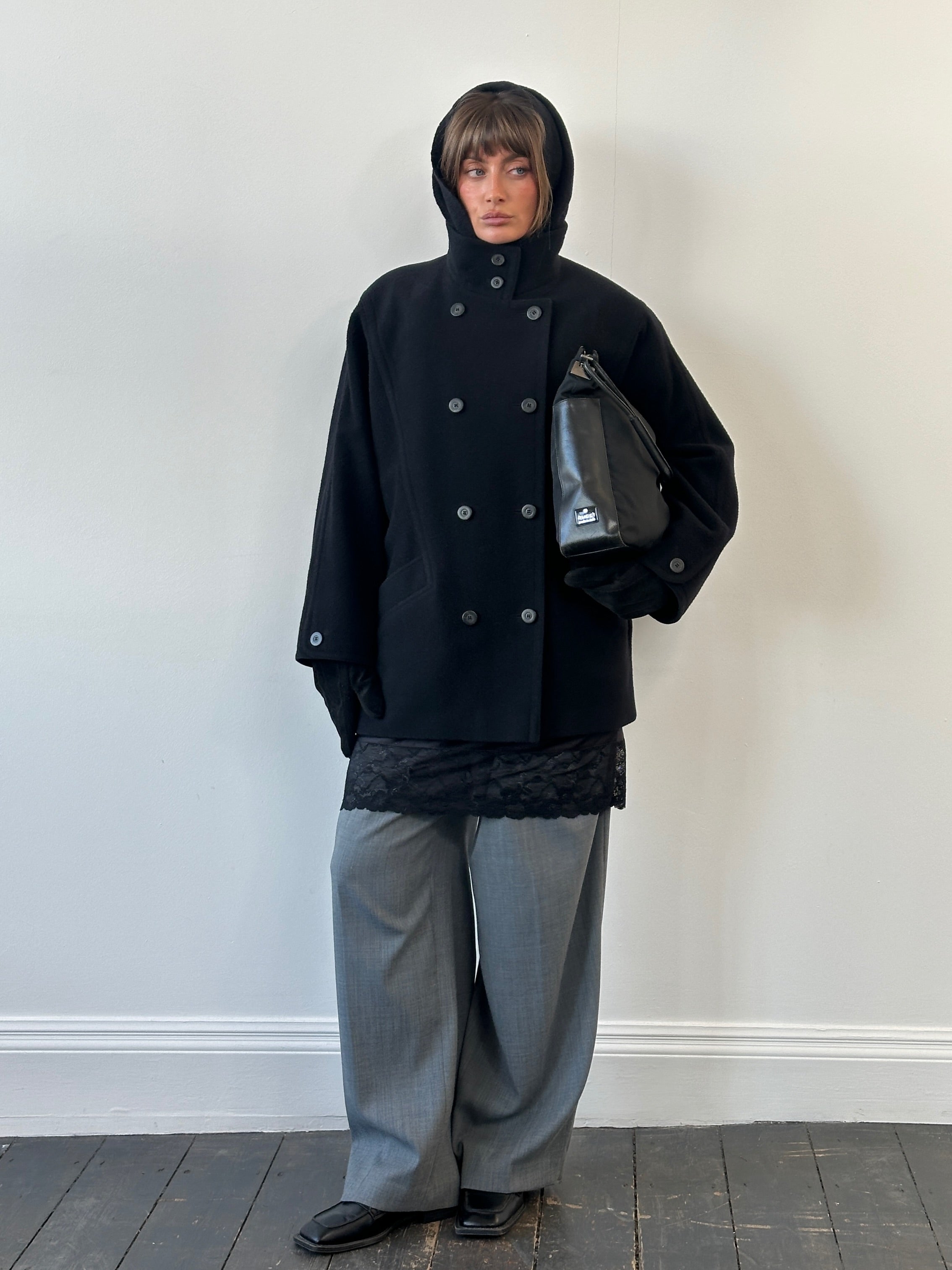St Michael 1980s pure wool high neck double-breasted coat in XL, showcasing classic design and vintage style.