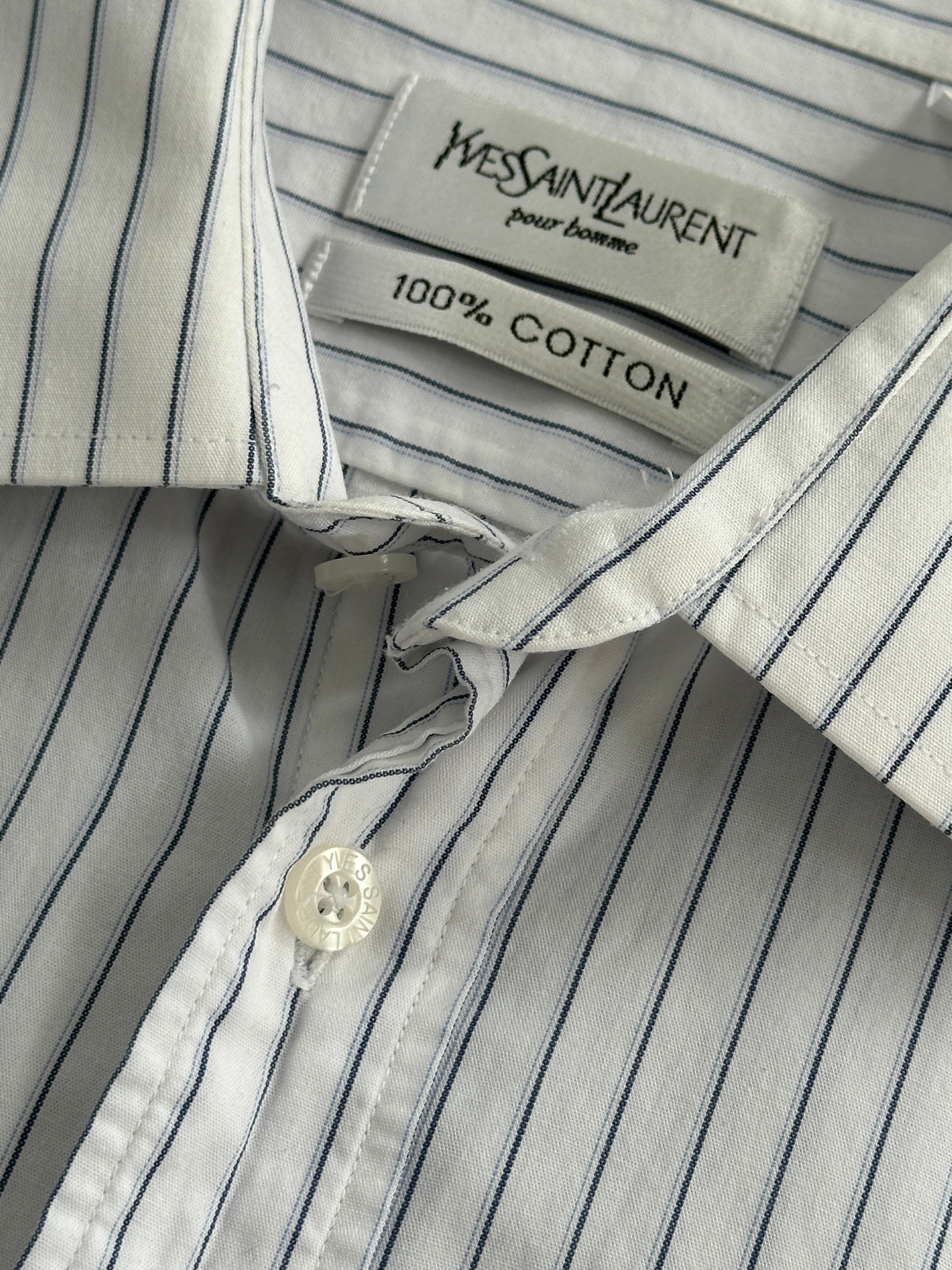 Yves Saint Laurent Pour Homme stripe cotton logo shirt in size L/XL, featuring classic design with logo detail and button front.