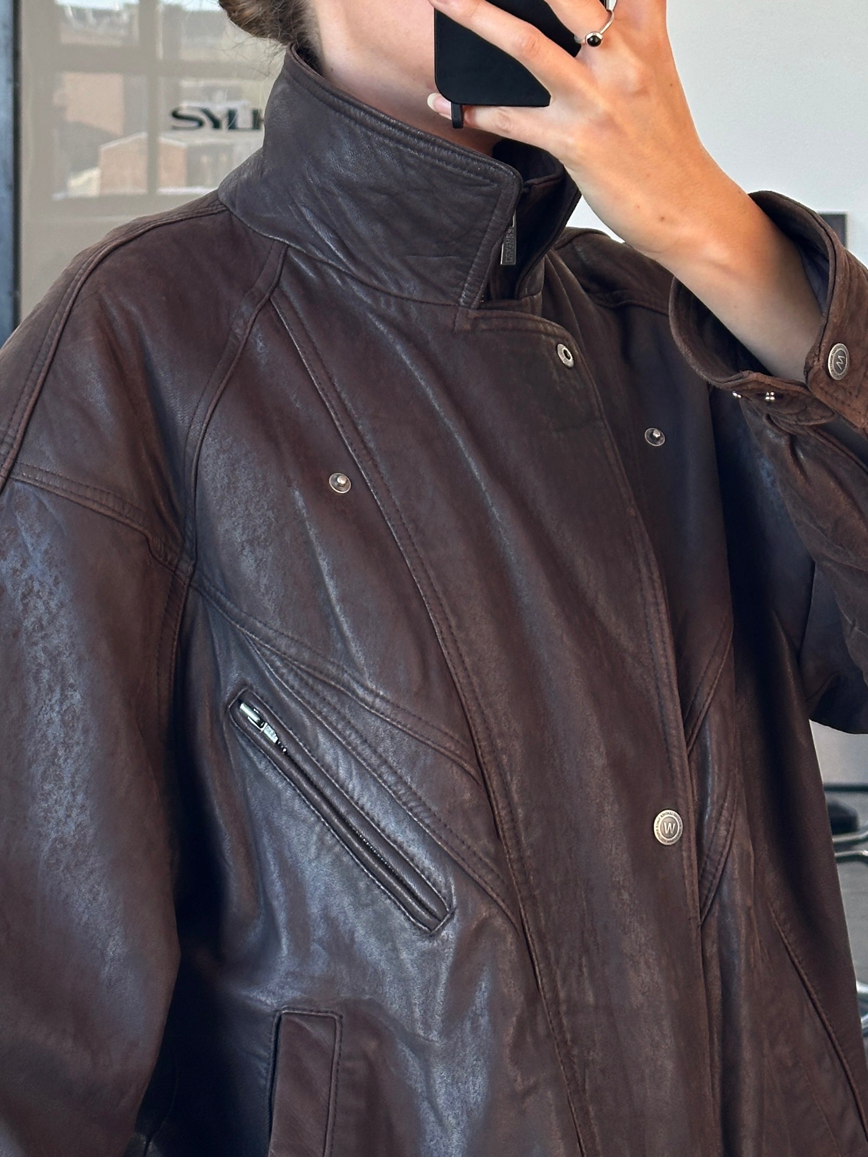 Vintage 1990s High Neck Bomber Leather Jacket - XL - SYLK