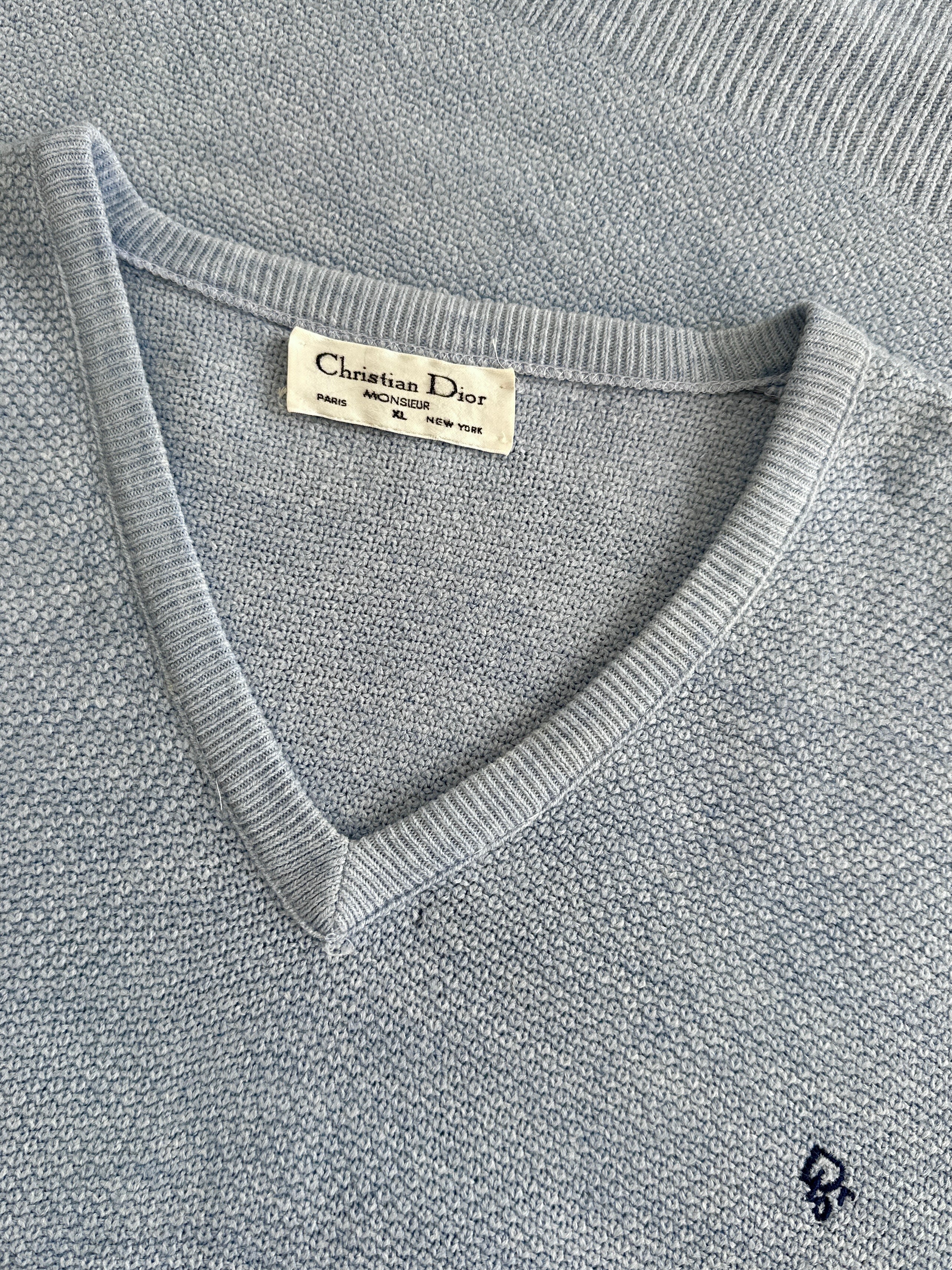 Christian Dior Monsieur V-neck logo knitted jumper in size L/XL, featuring a classic V-neck design and subtle Dior branding.