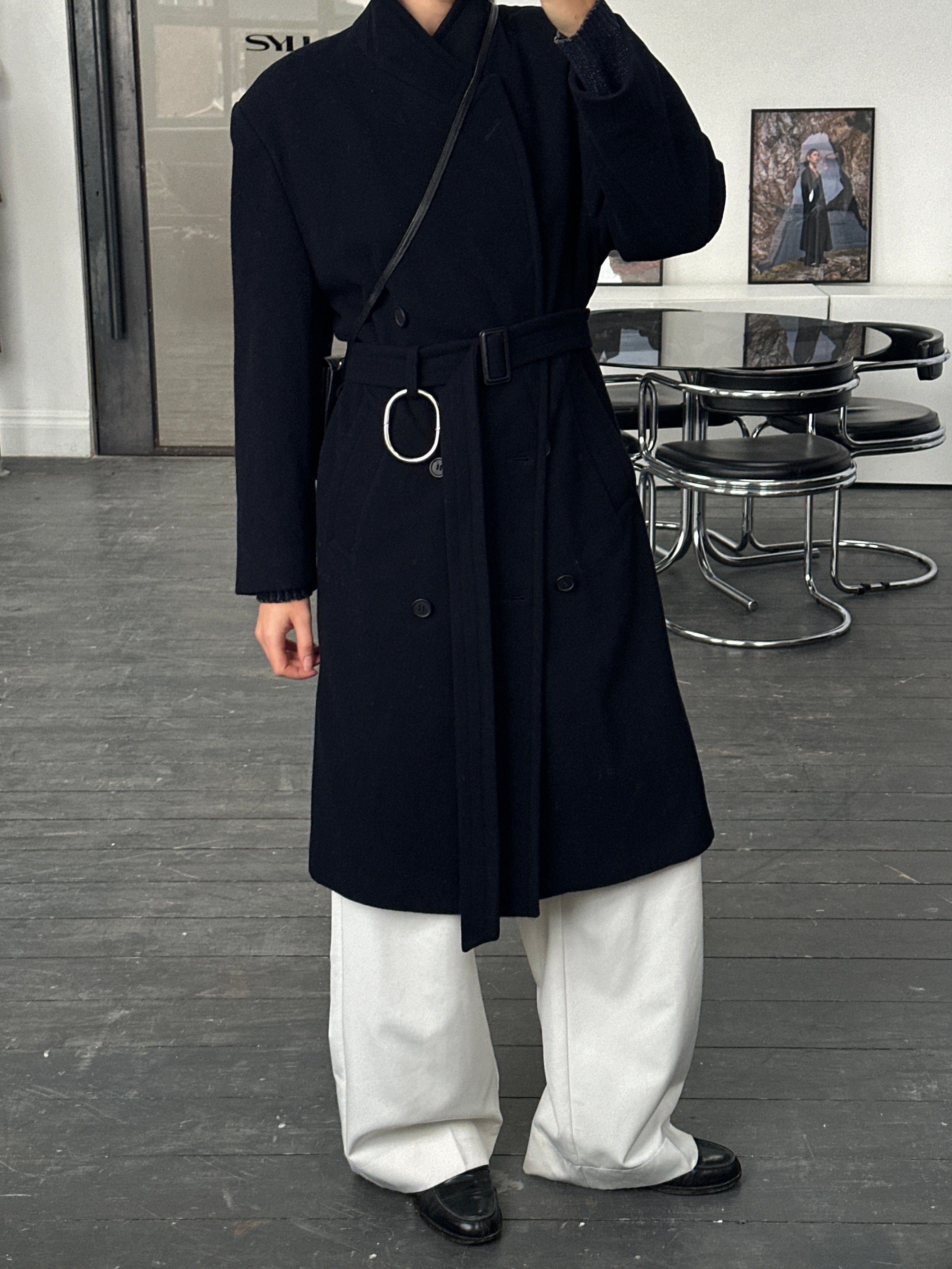 Vintage 1990s wool cashmere double-breasted belted coat in size L, showcasing classic style and textured fabric details.