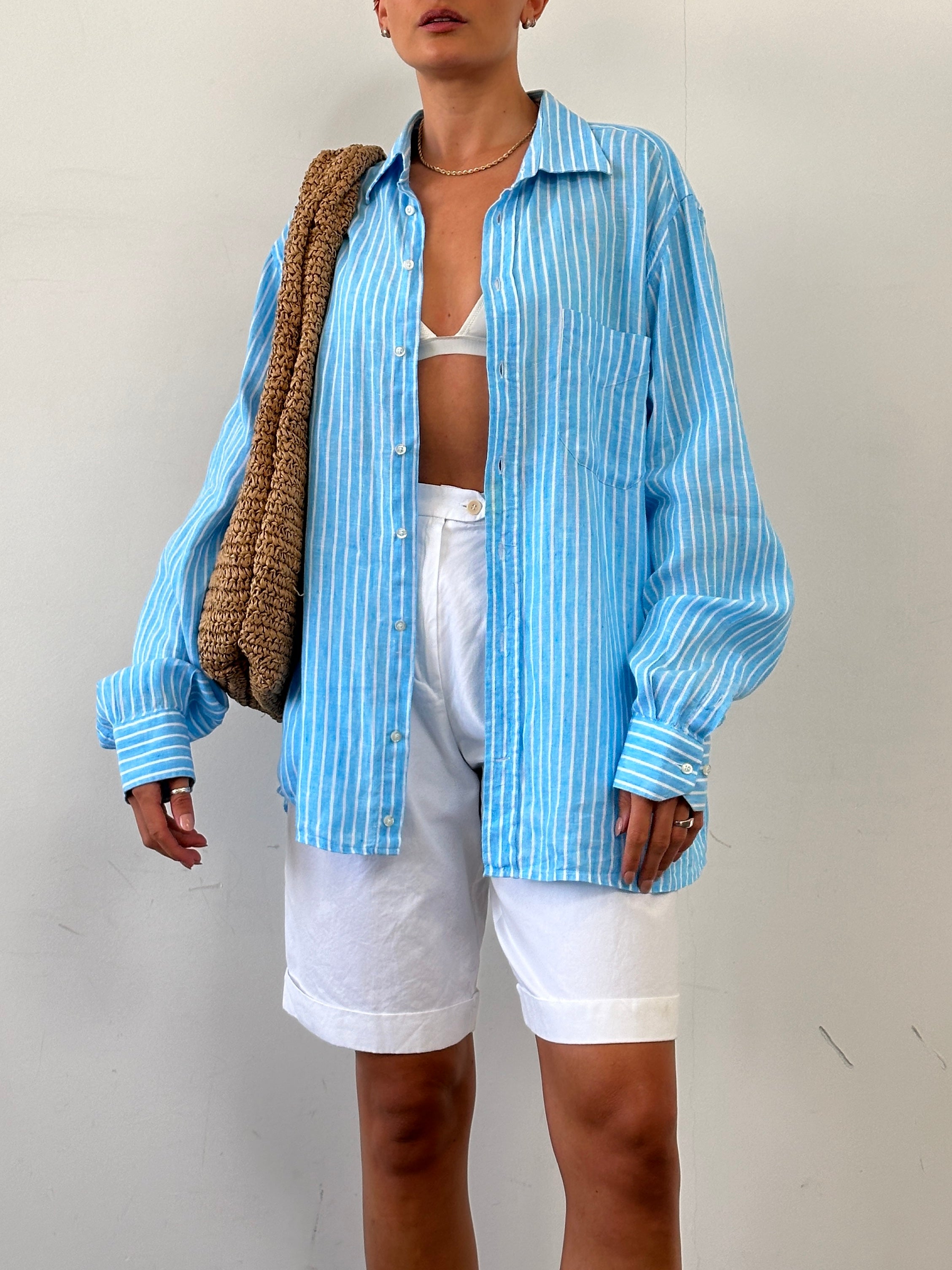 Italian vintage pure linen stripe shirt in XL size, featuring lightweight fabric and classic striped design.