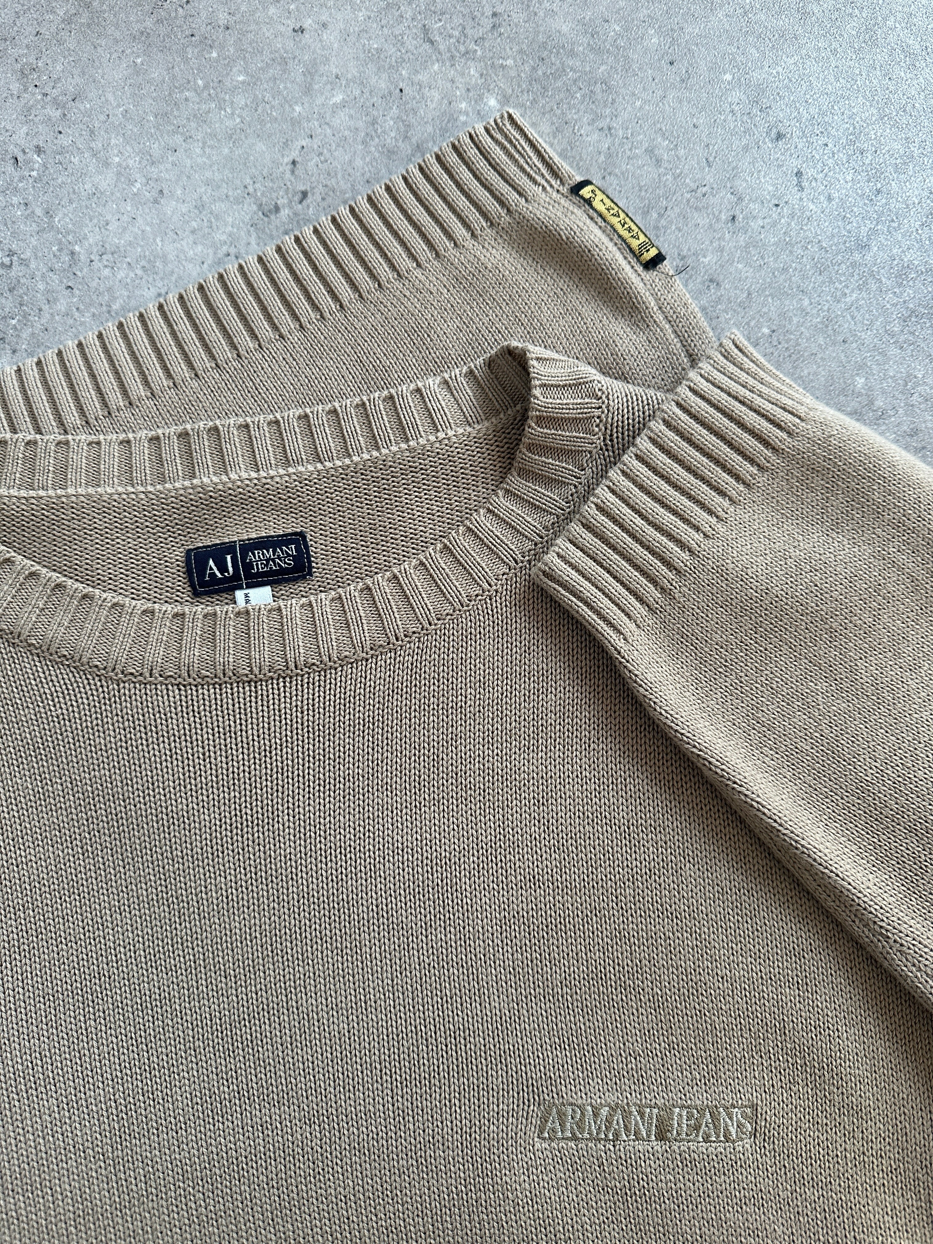 Armani Jeans 1990s pure cotton logo knitted jumper in size L, featuring a classic design and embroidered brand logo.