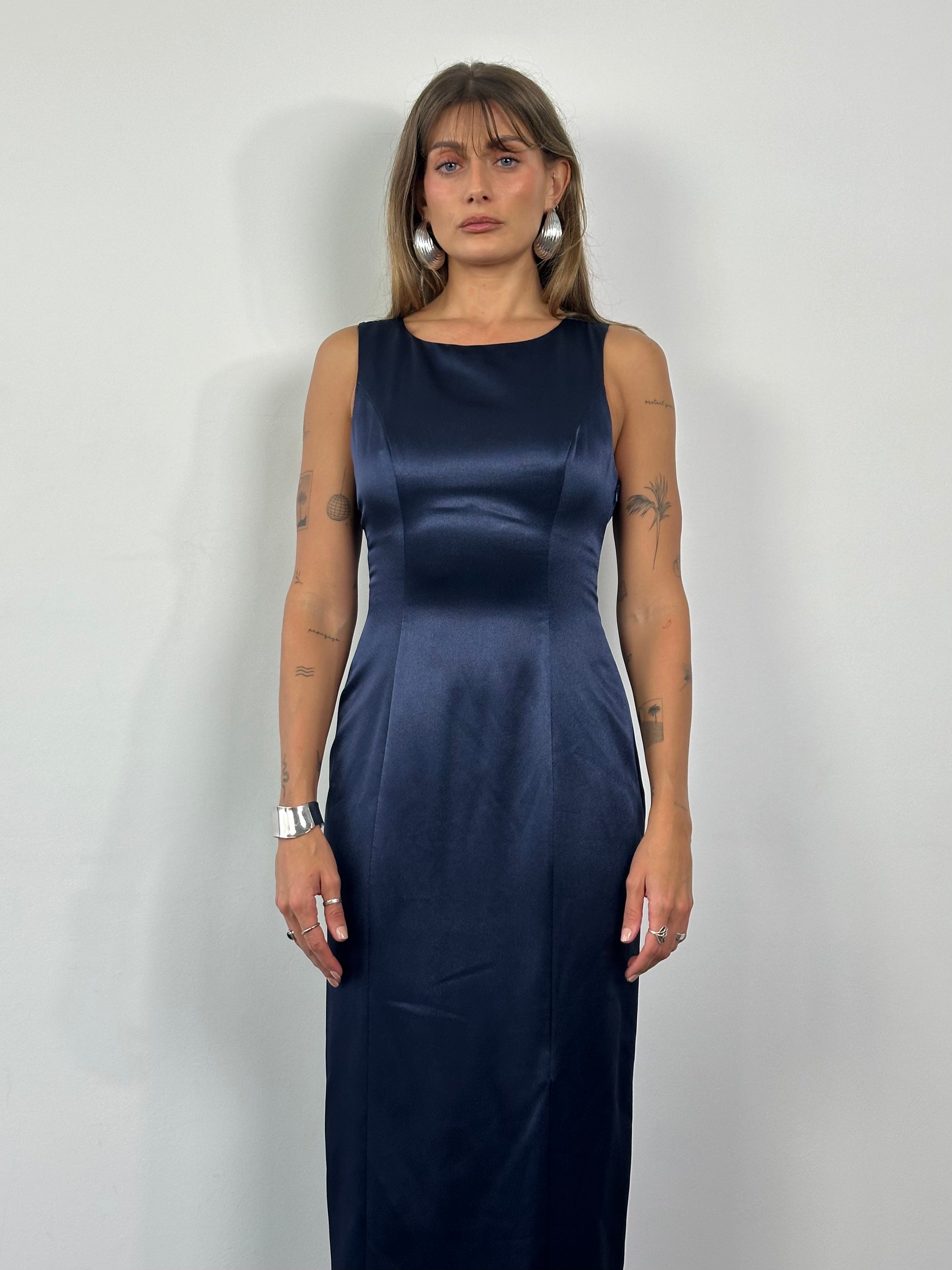 Vintage cross back satin maxi dress in size S, featuring a flowing silhouette and elegant design.