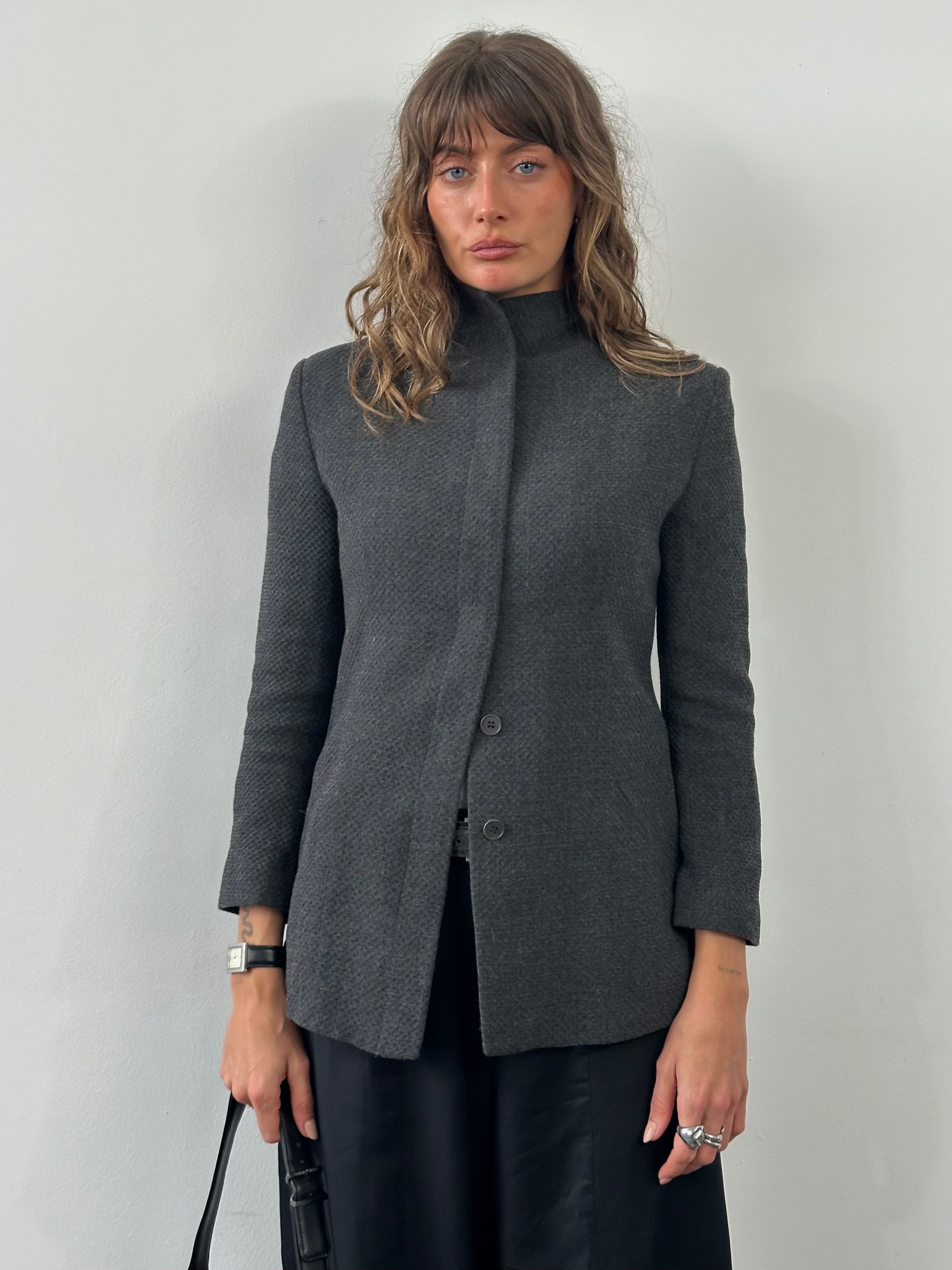 Emporio Armani 1990s high neck minimal jacket in XS/S, sleek black design with clean lines and tailored fit.