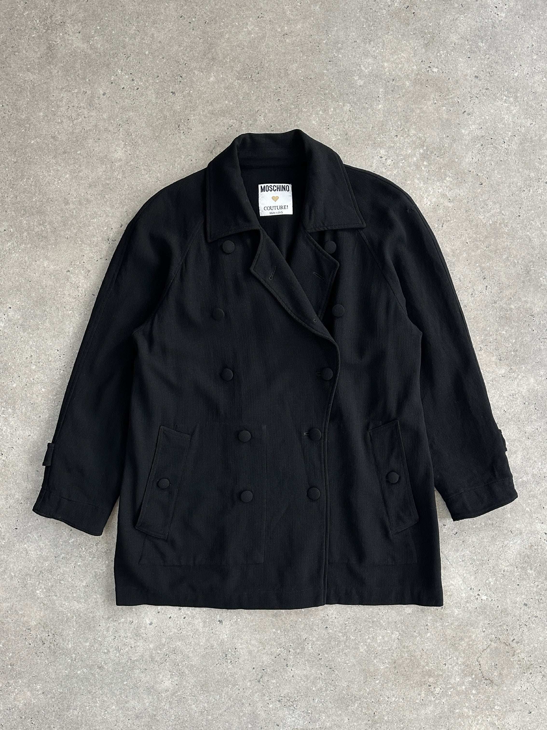Moschino Couture 1990s pure wool double-breasted curved coat in size L, stylish vintage outerwear with classic design details.