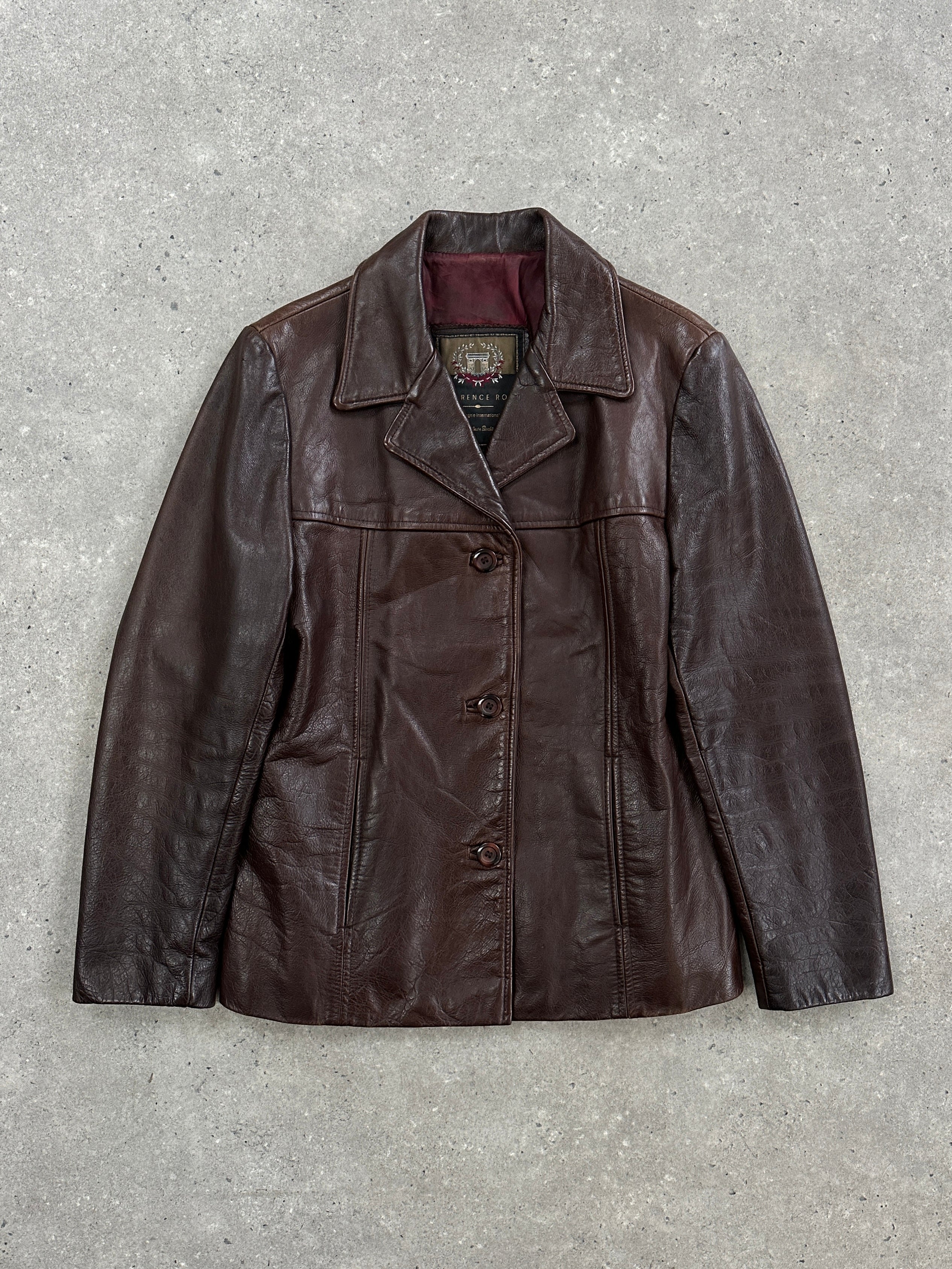 Vintage 1990s high button leather jacket in medium size, featuring classic black leather and vintage design details.