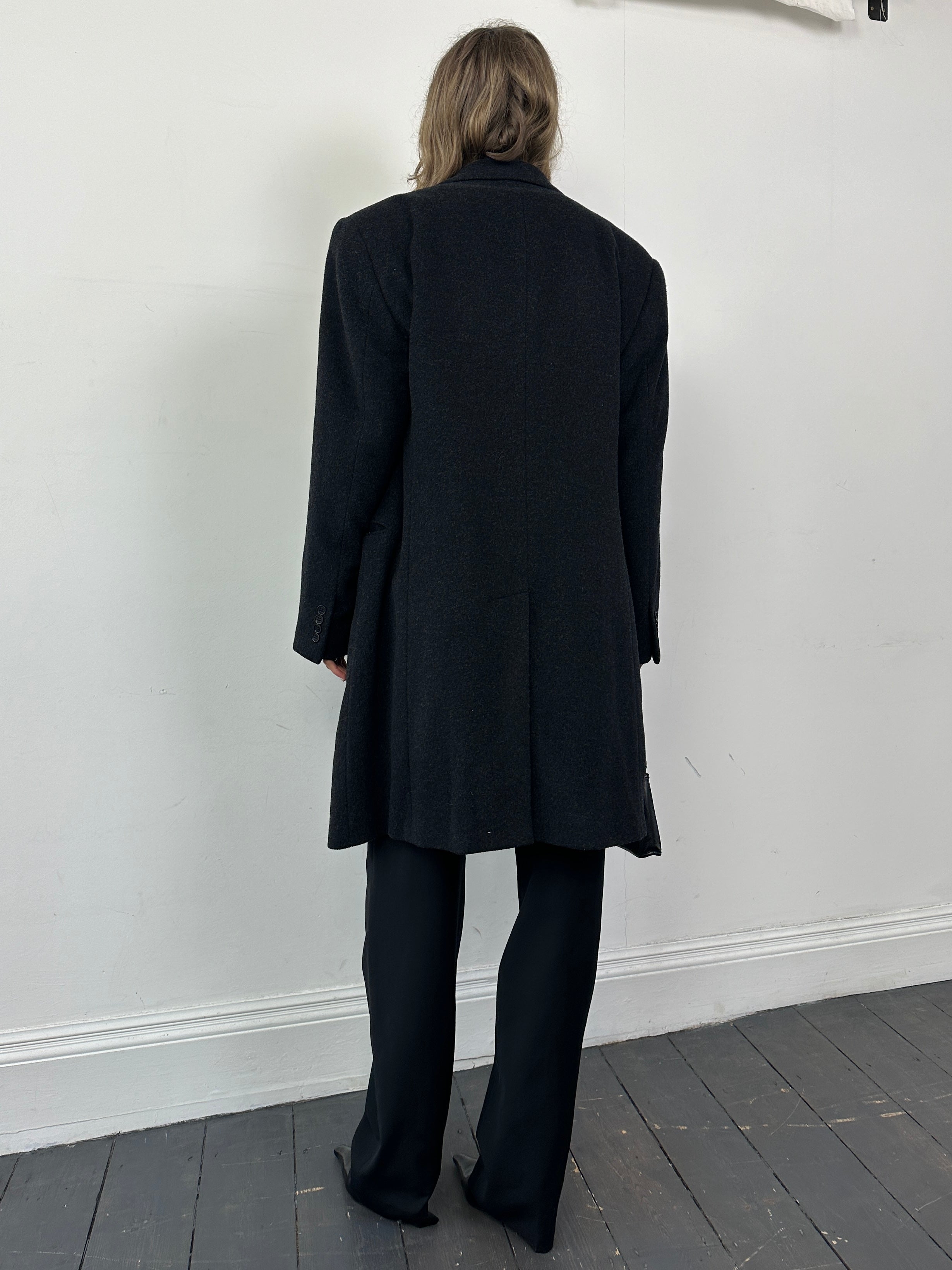Armani Collezioni wool cashmere single-breasted coat in size L/XL, tailored fit, dark color, shown on a hanger.