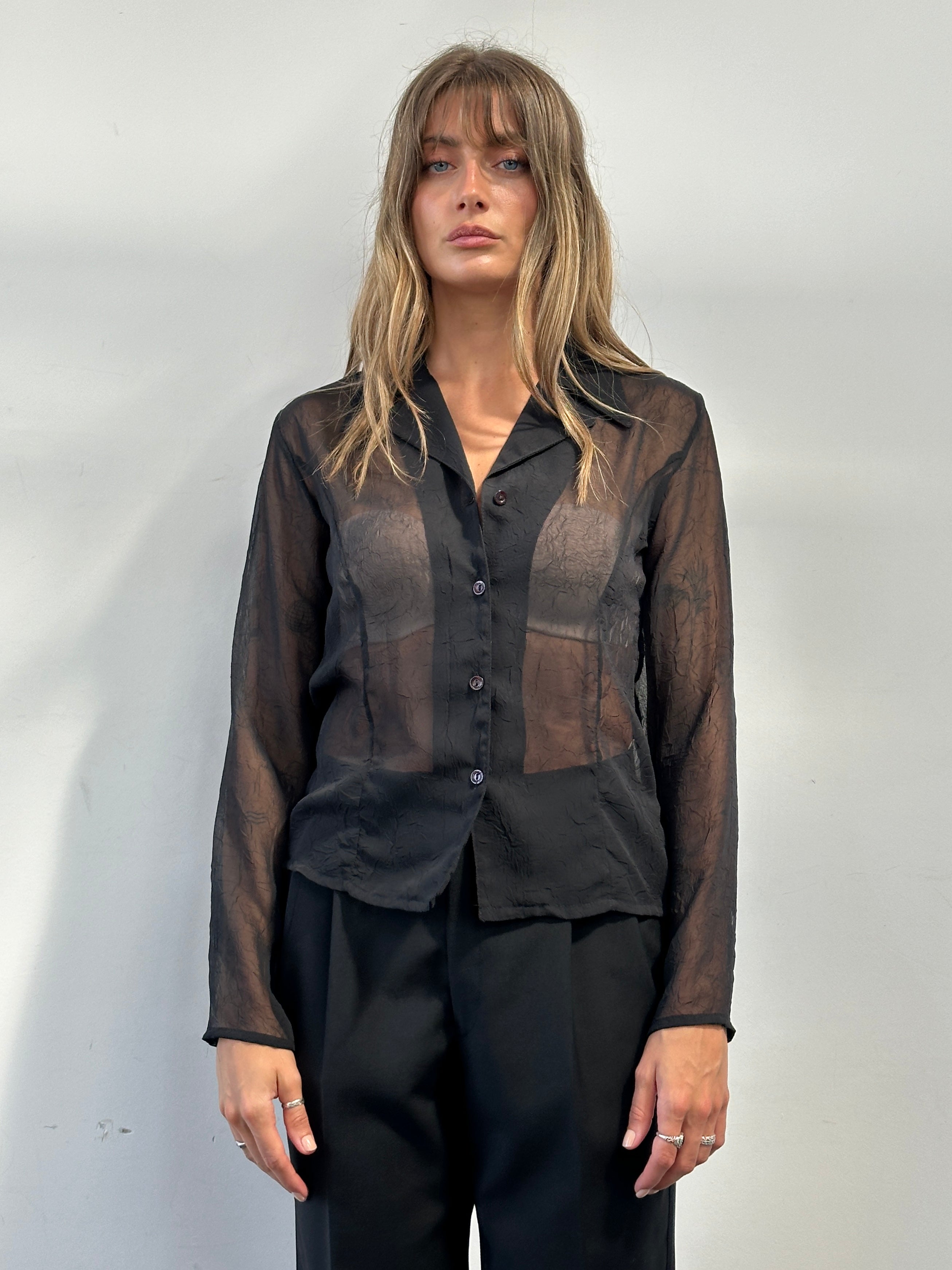 Italian Vintage sheer crinkle fitted shirt, size small, with lightweight, textured fabric and classic button-down design.