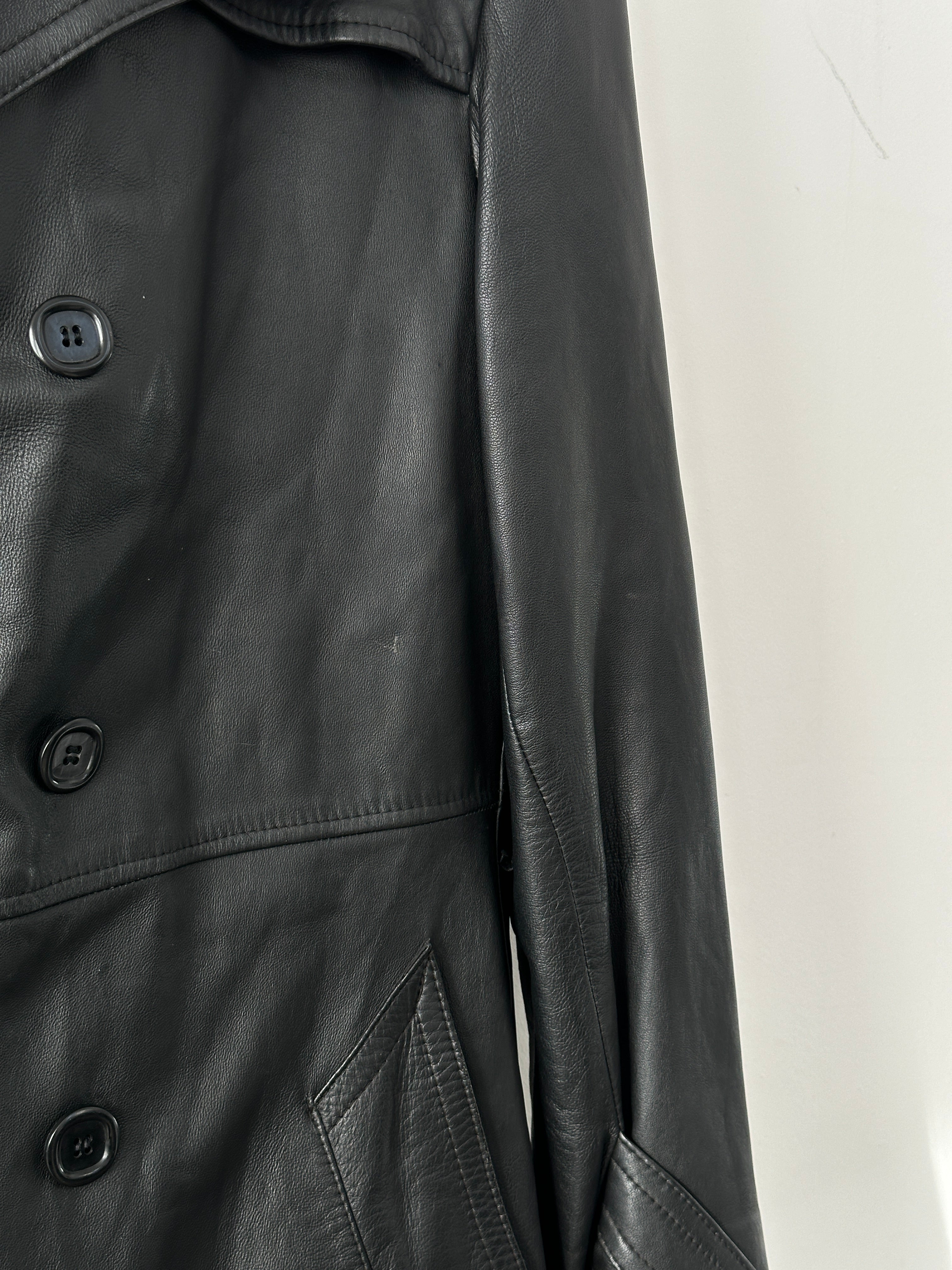 Vintage leather extreme collar trench coat jacket in size L/XL, featuring classic design and rugged style.