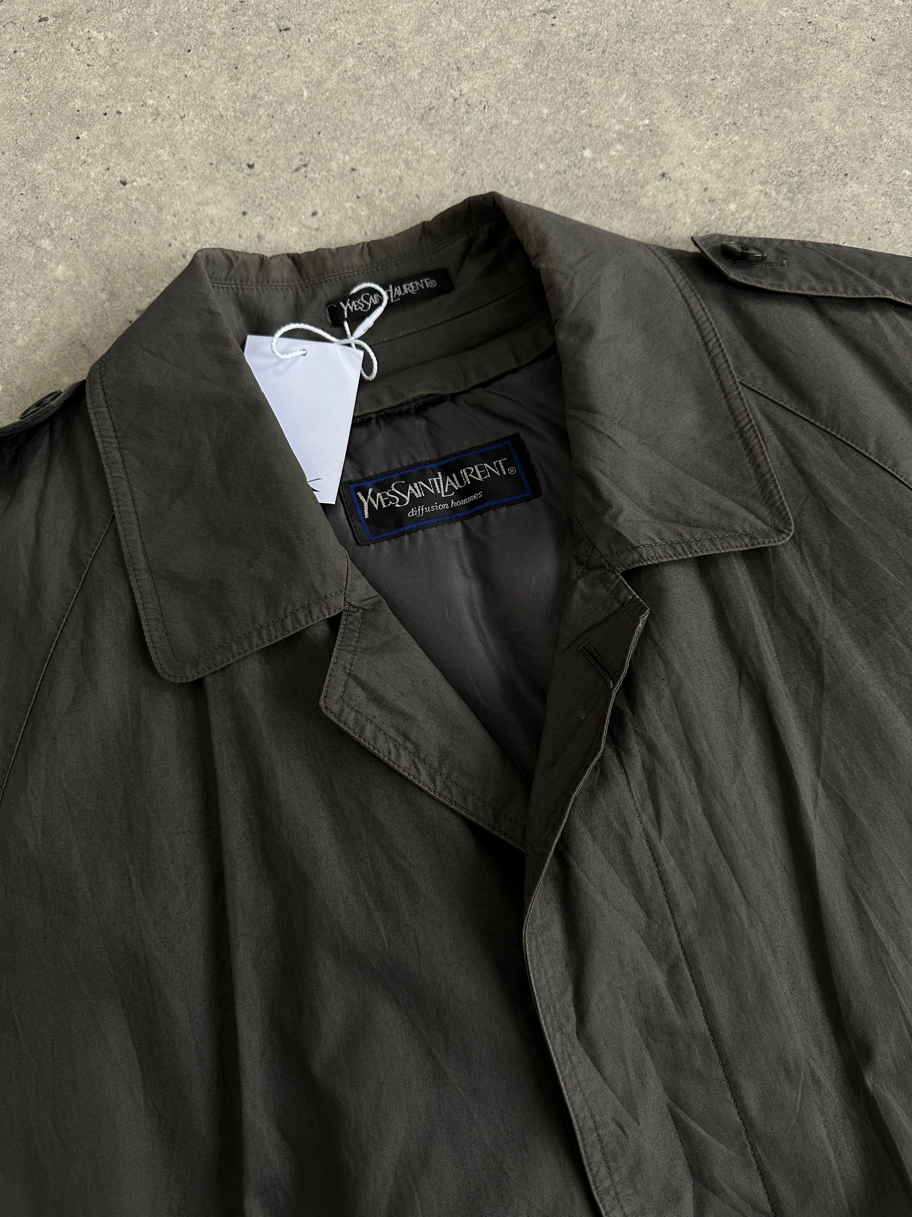 Yves Saint Laurent Pour Homme pure cotton trench coat with concealed placket in M/L size, stylish men's outerwear.